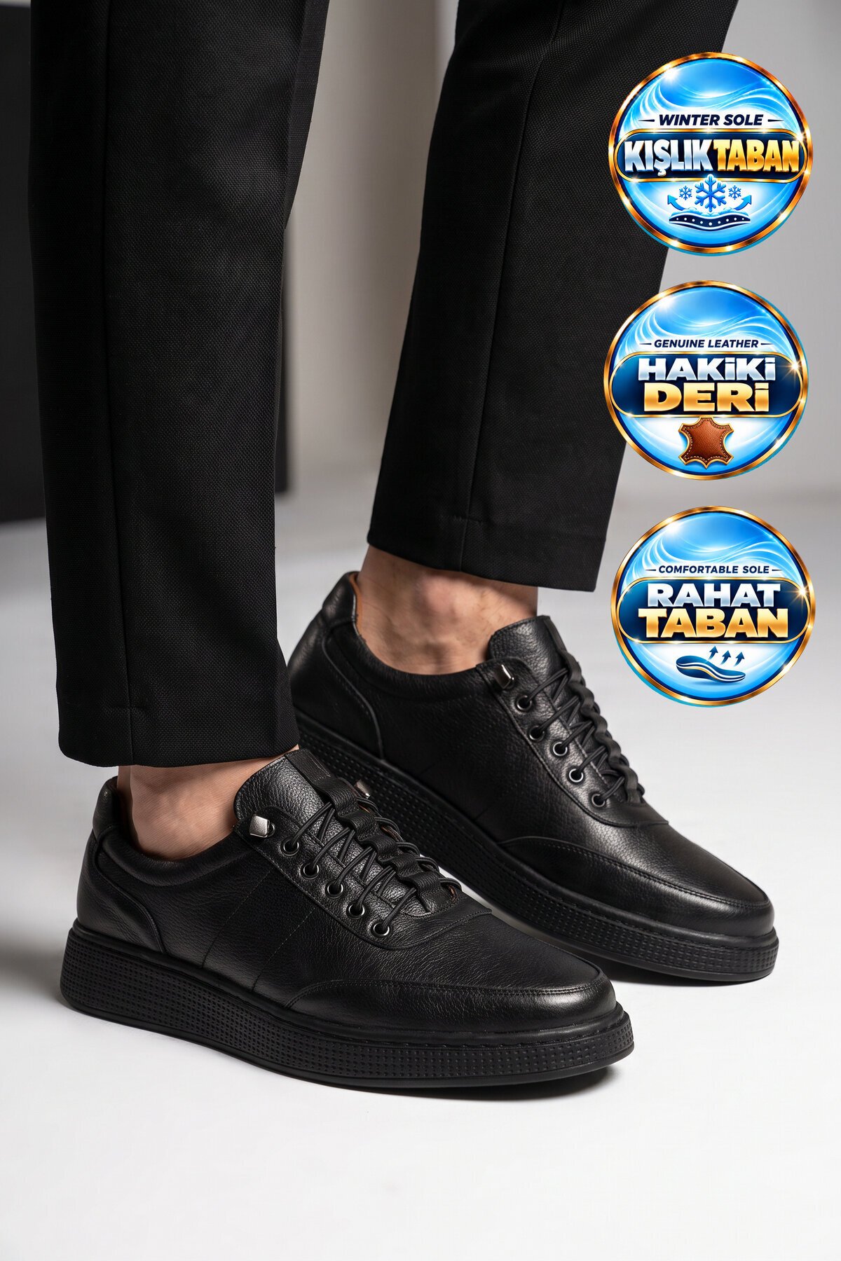 Erkek Lastik Bağcıklı Kauçuk Tabanlı Siyah Hakiki Deri Casual Sneaker Ayakkabı 728