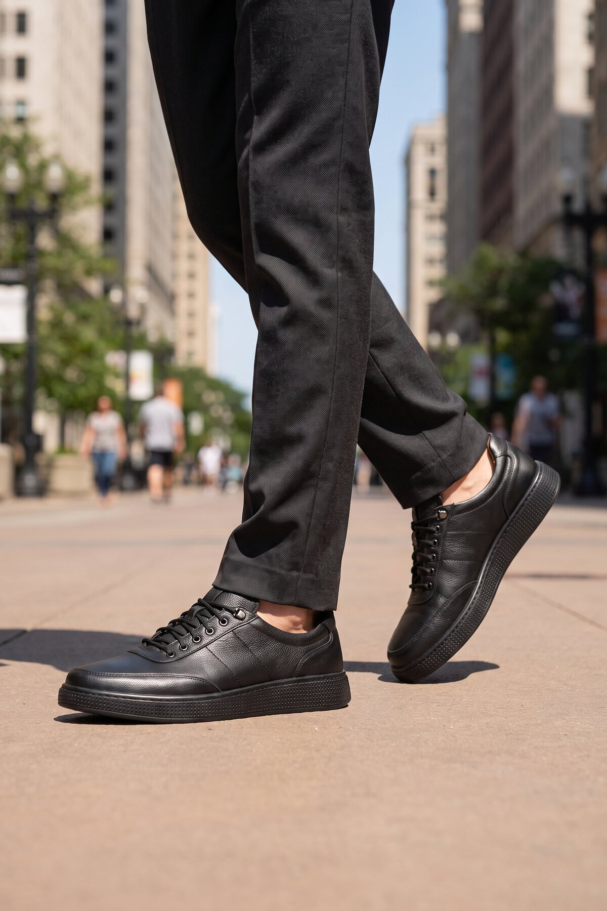 Erkek Lastik Bağcıklı Kauçuk Tabanlı Siyah Hakiki Deri Casual Sneaker Ayakkabı 728