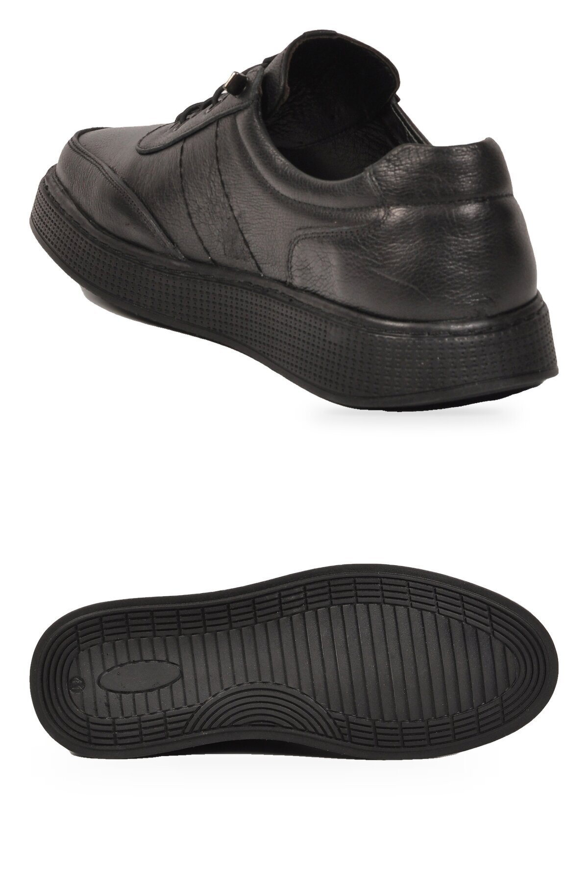 Erkek Lastik Bağcıklı Kauçuk Tabanlı Siyah Hakiki Deri Casual Sneaker Ayakkabı 728