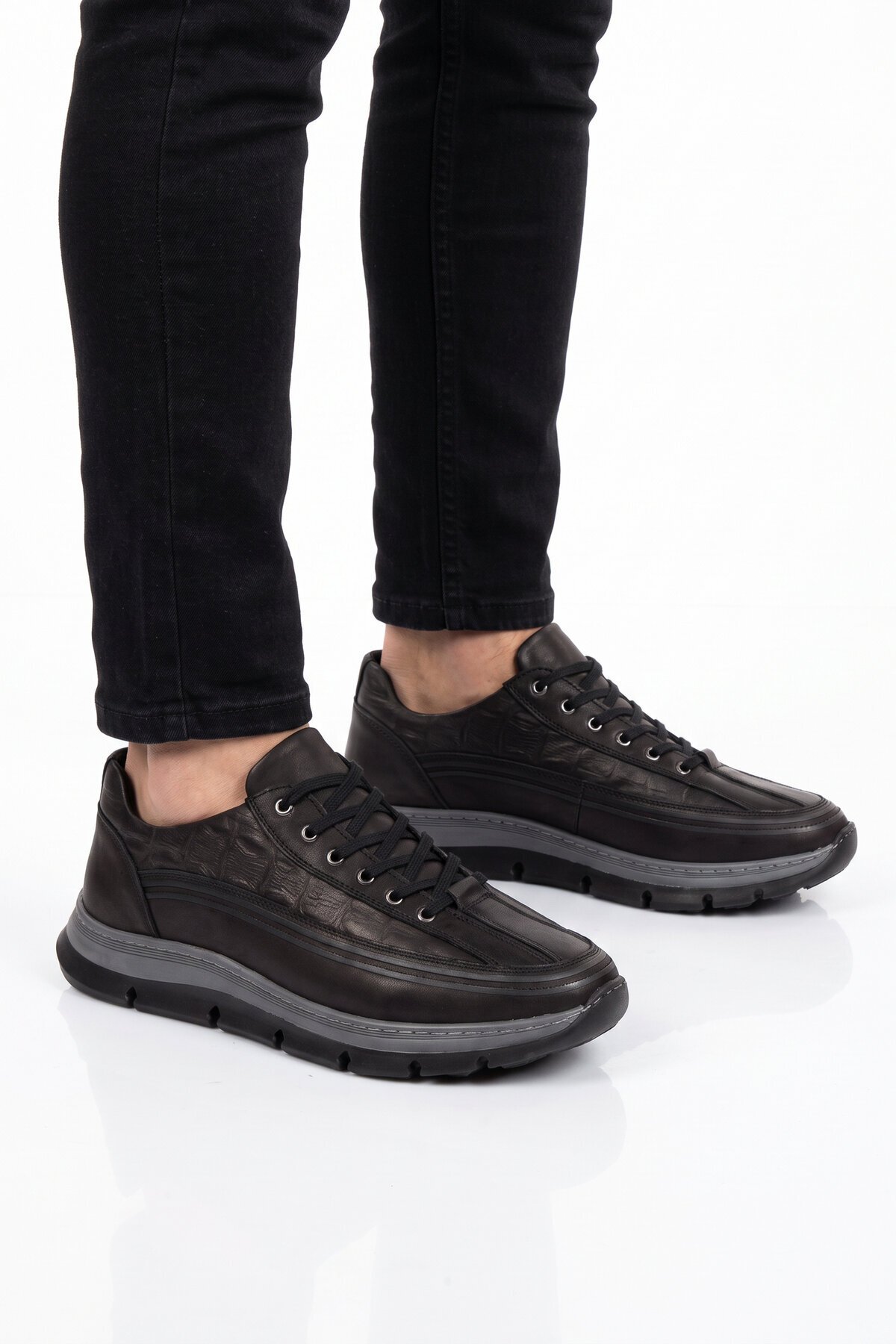 Erkek Bağcıklı Rahat Taban Siyah Hakiki Deri Erkek Casual Sneaker Ayakkabı 160