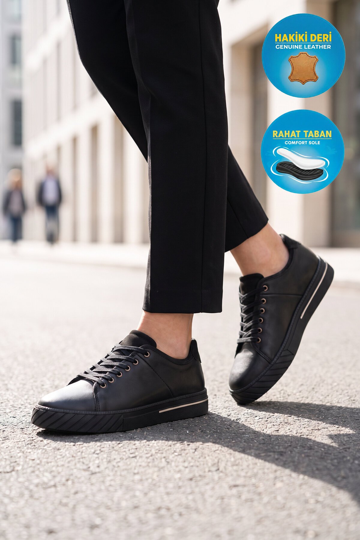Erkek Bağcıklı Rahat Taban Siyah Hakiki Deri Erkek Casual Sneaker Ayakkabı 165