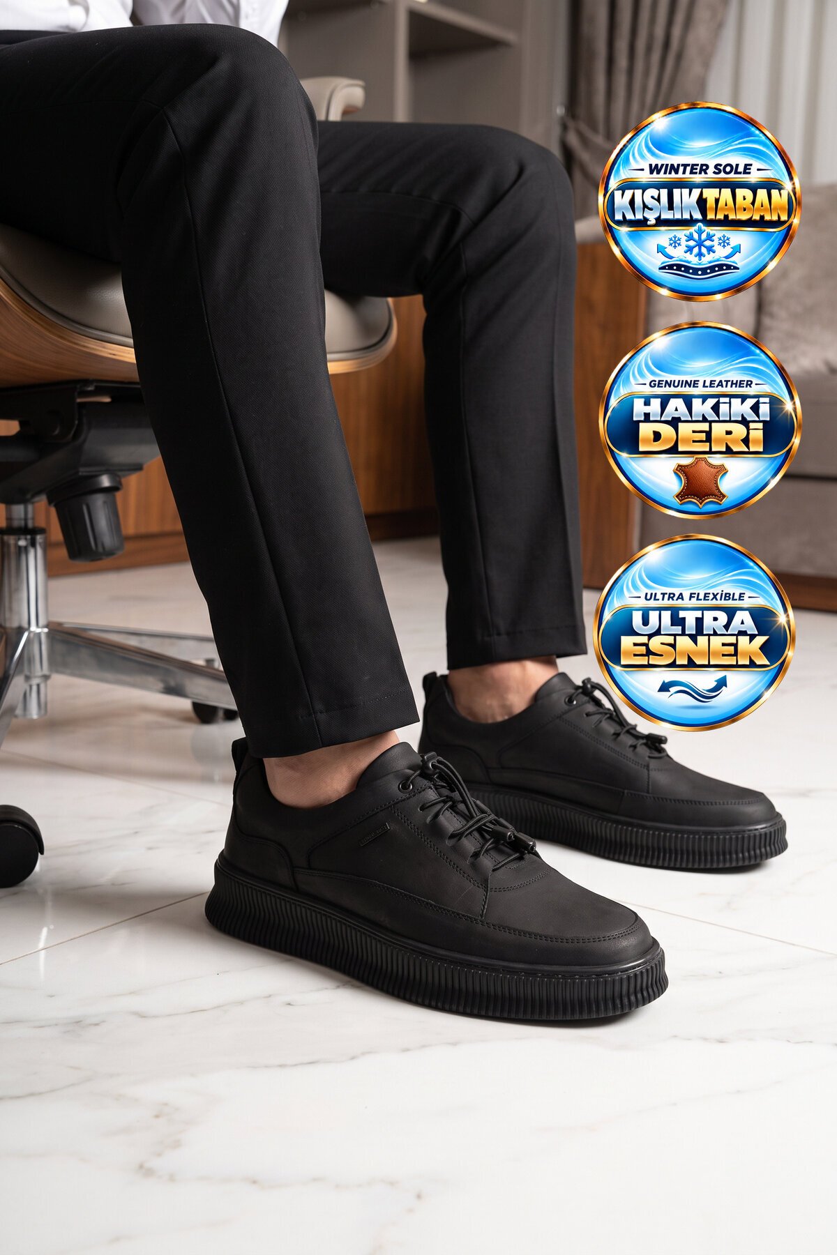 Erkek Lastik Bağcıklı Kauçuk Taban Siyah Hakiki Deri Casual Ayakkabı 2514