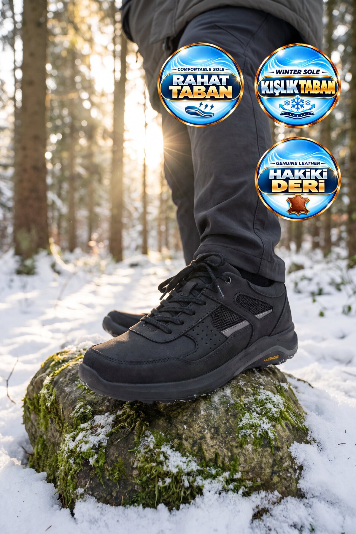 Erkek Bağcıklı Kaymaz Tabanlı Siyah Hakiki Deri Outdoor Trekking Ayakkabı 2055