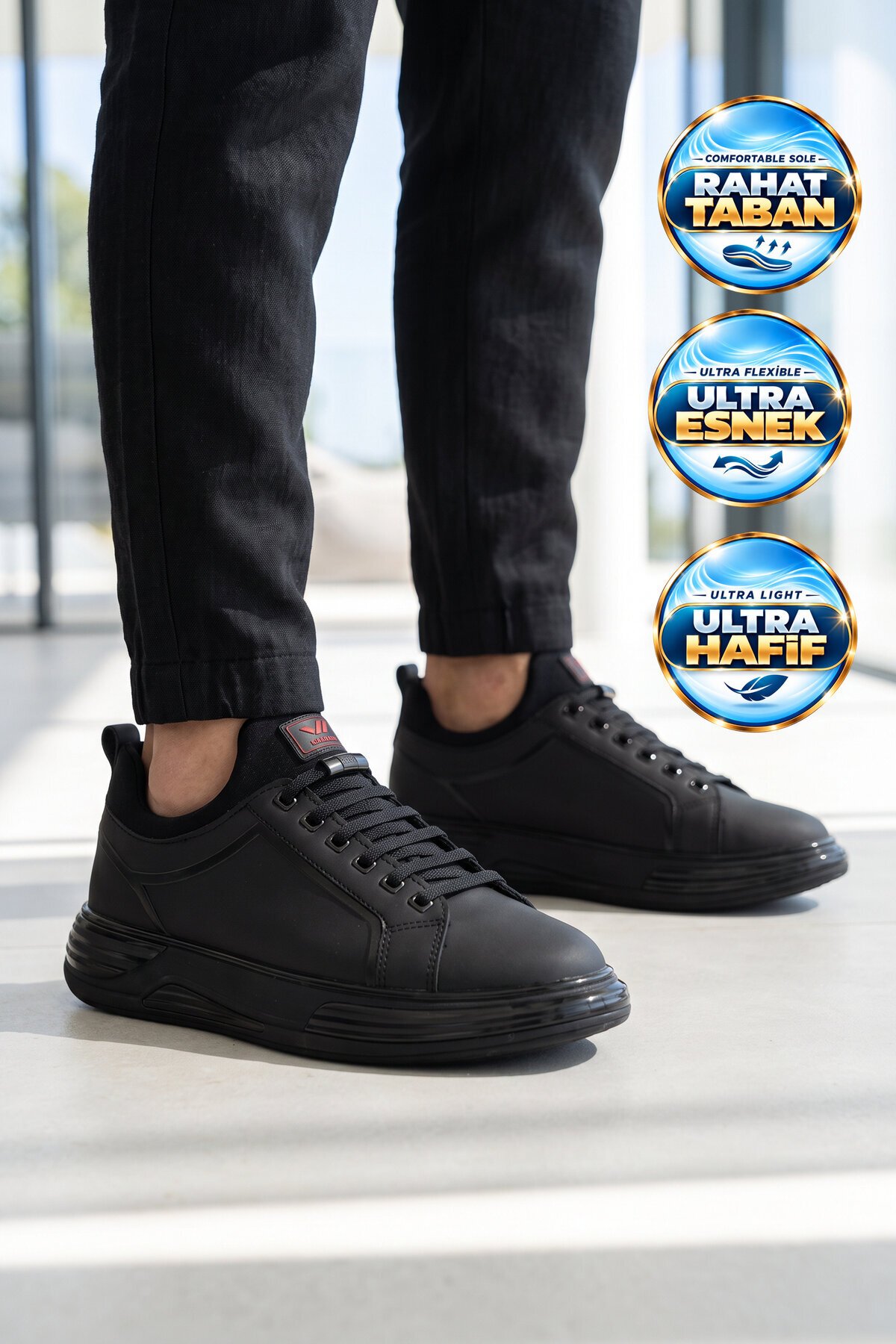 Erkek Bağcıklı Kalın Rahat Konfor Taban Siyah-Kırmızı Yürüyüş ve Spor Ayakkabı Sneaker Ignite