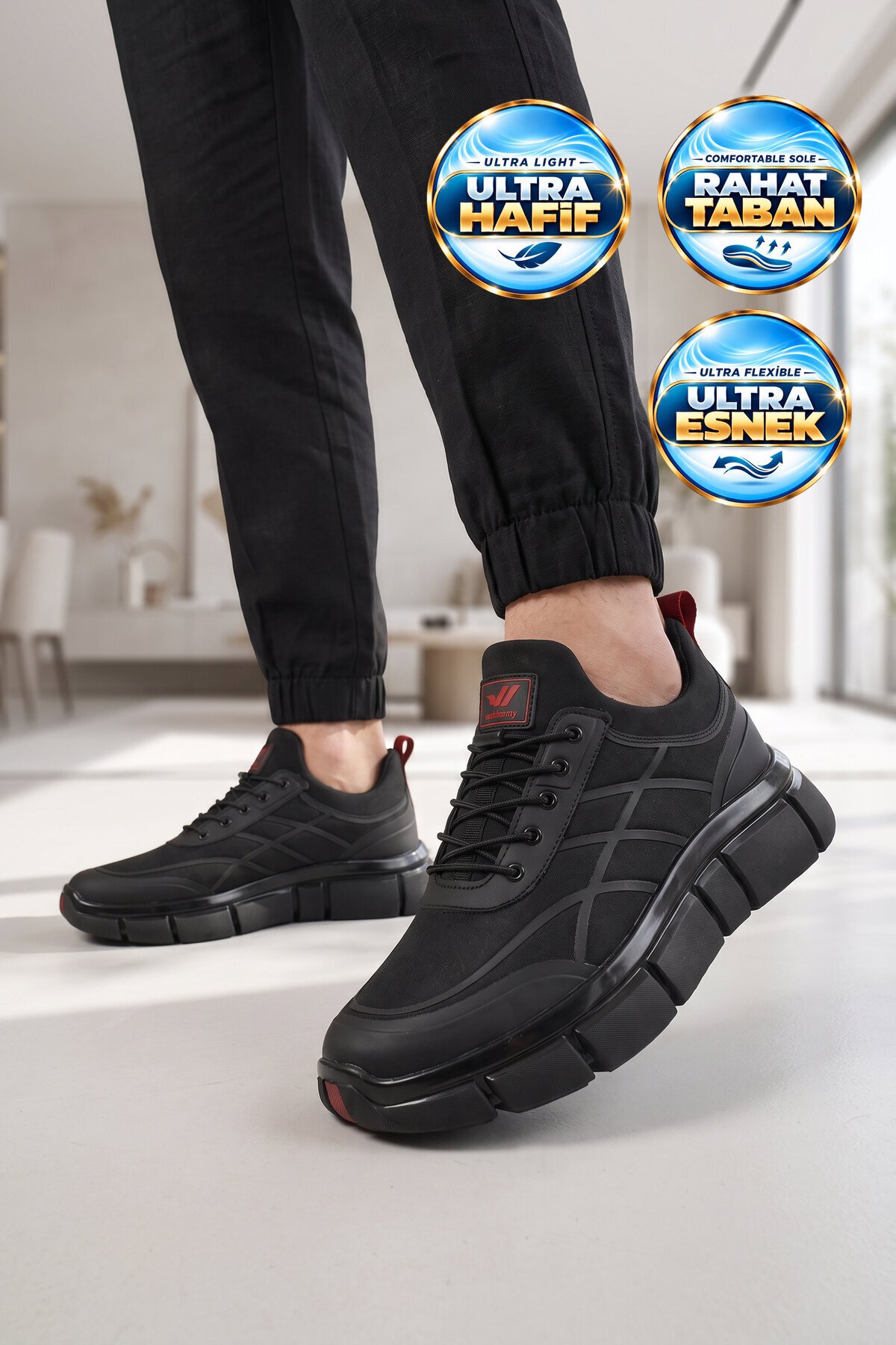 Erkek Lastik Bağcıklı Kalın Rahat Konfor Taban Siyah-Kırmızı Yürüyüş ve Spor Ayakkabı Sneaker Stride