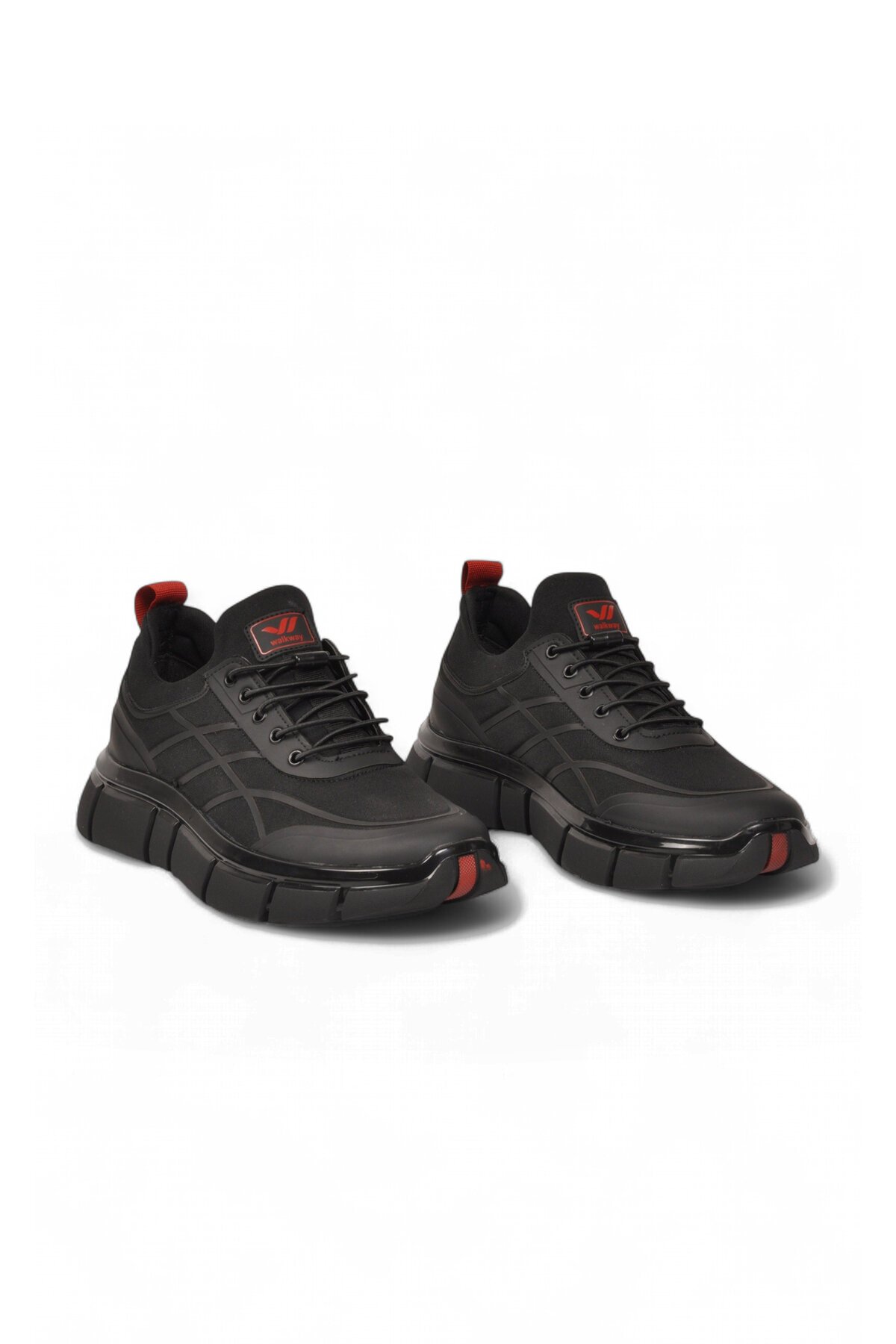 Erkek Lastik Bağcıklı Kalın Rahat Konfor Taban Siyah-Kırmızı Yürüyüş ve Spor Ayakkabı Sneaker Stride
