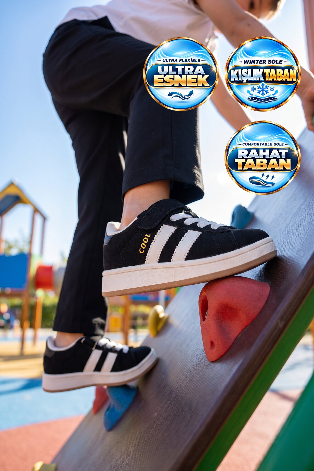 Cırt Bantlı Kalın Rahat Taban Siyah Unisex Çocuk Yürüyüş ve Spor Ayakkabı Sneaker Coop