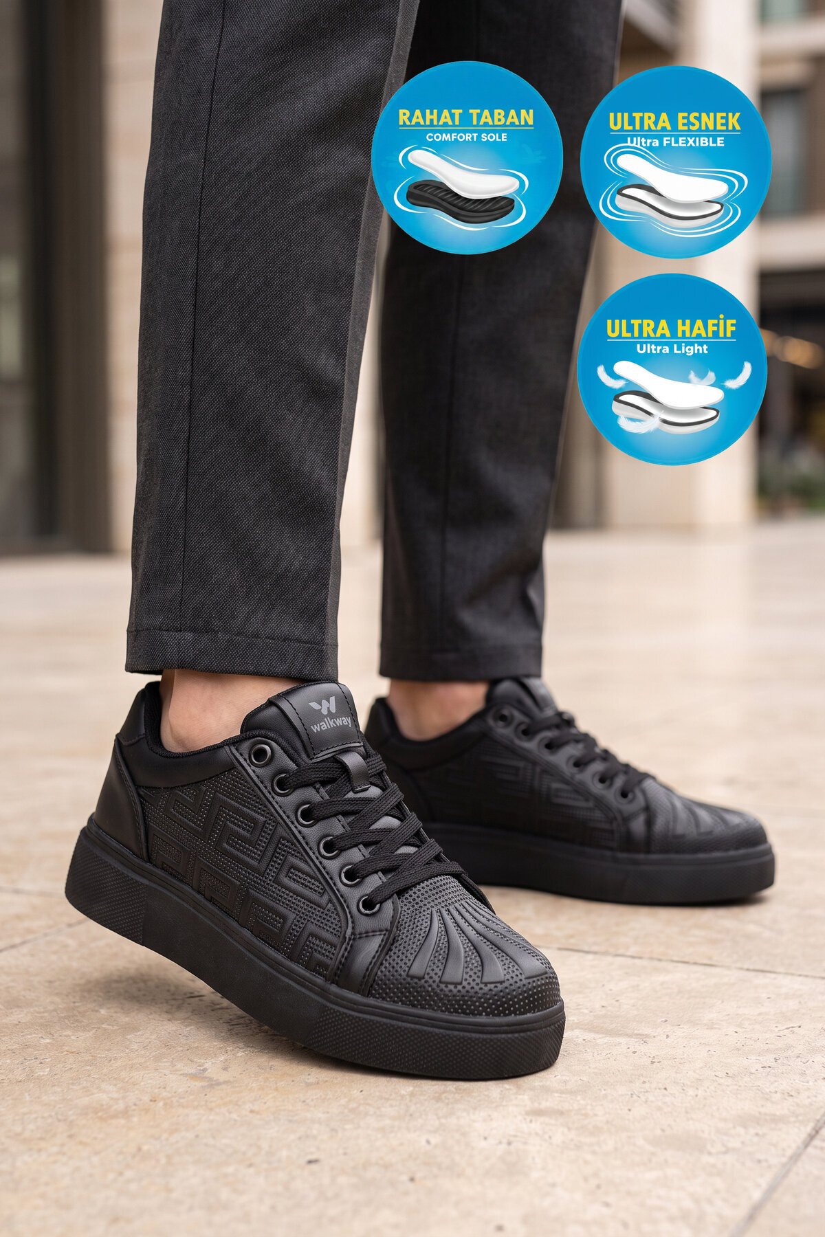Unisex Bağcıklı Kalın Taban Spor Ayakkabı Siyah Şık Rahat Casual Ayakkabı Sneaker 26201