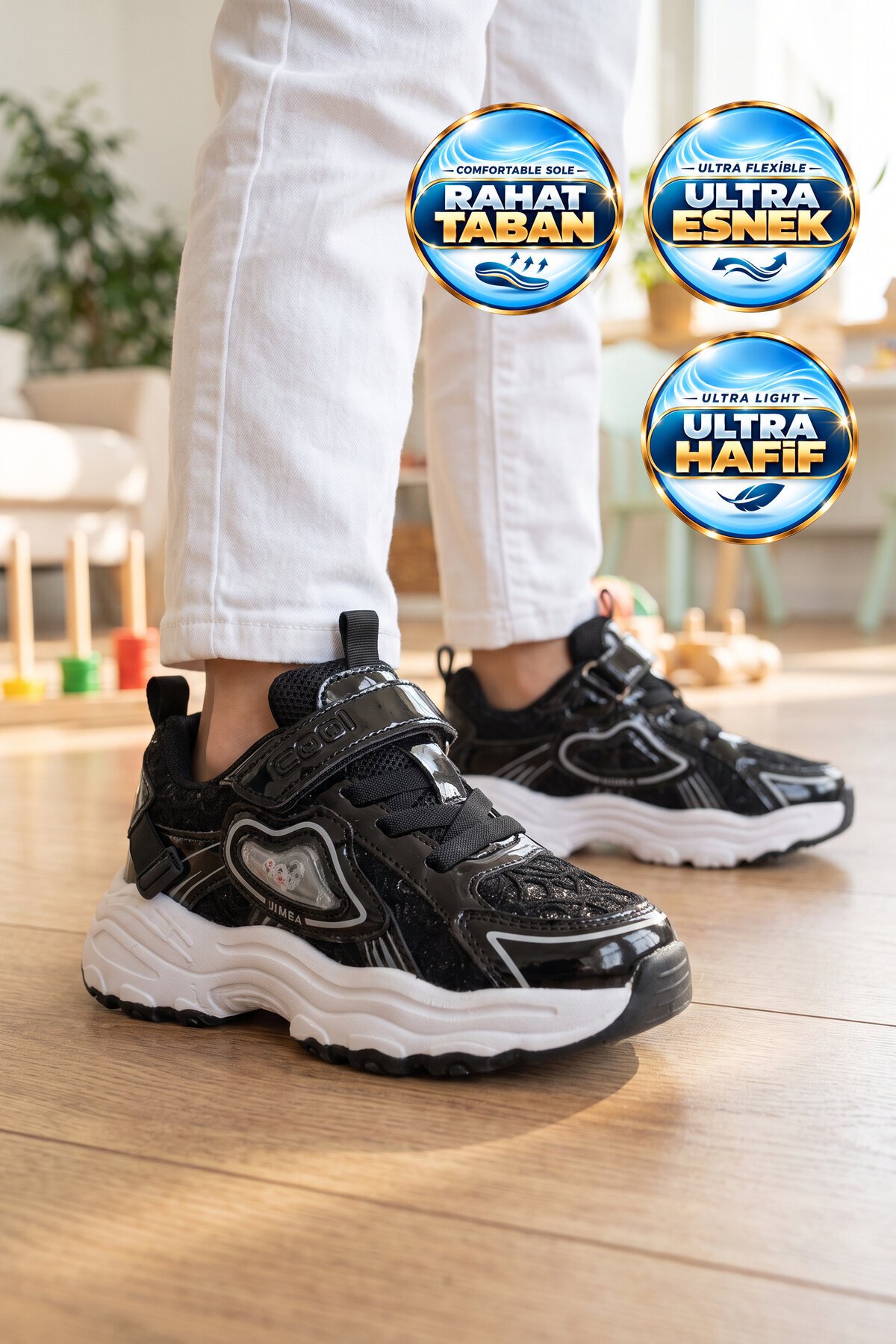 Siyah Desenli Cırt Bantlı Rahat Tabanlı Kız Çocuk Yürüyüş ve Spor Ayakkabı Sneaker Sımba