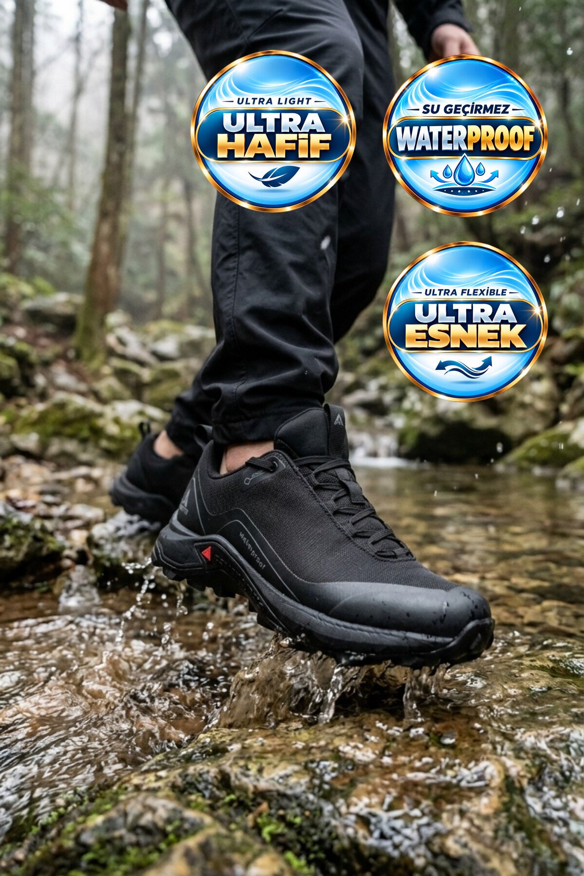 Unisex Su Geçirmez Kaymaz Taban Bağcıklı Siyah Outdoor Trekking Ayakkabı 110396B-2