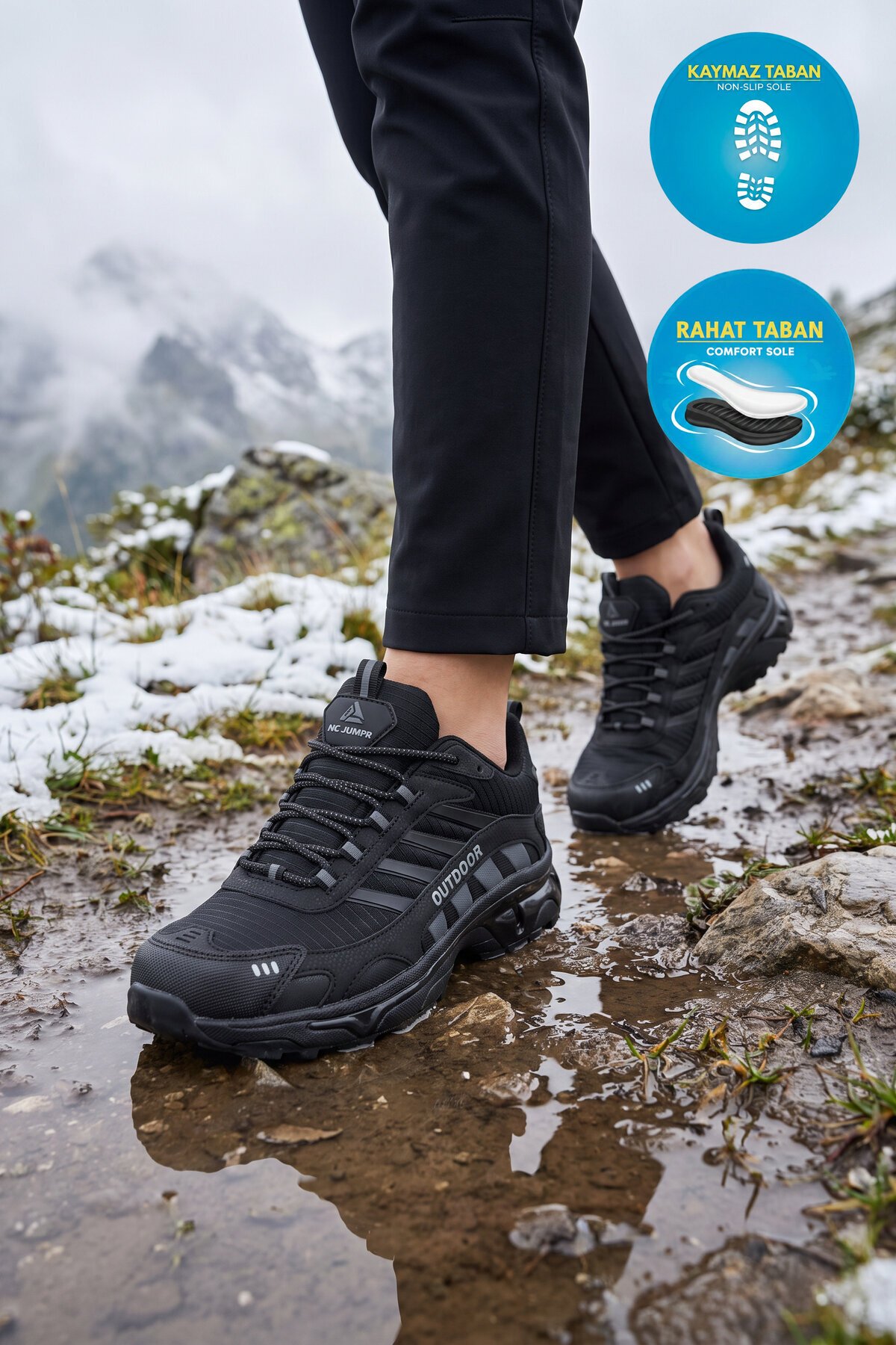 Erkek Bağcıklı Kaymaz Tabanlı Siyah Outdoor Trekking Ayakkabı 2408