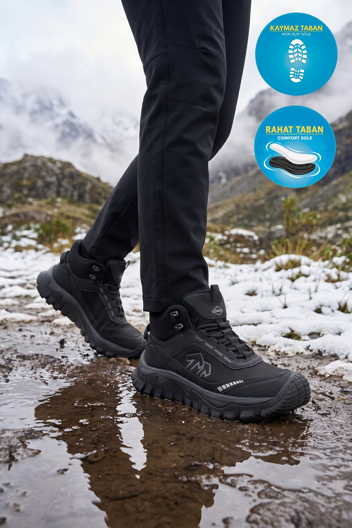 Erkek Bağcıklı Kalın Kauçuk Taban Siyah Outdoor Trekking Bot 26K513