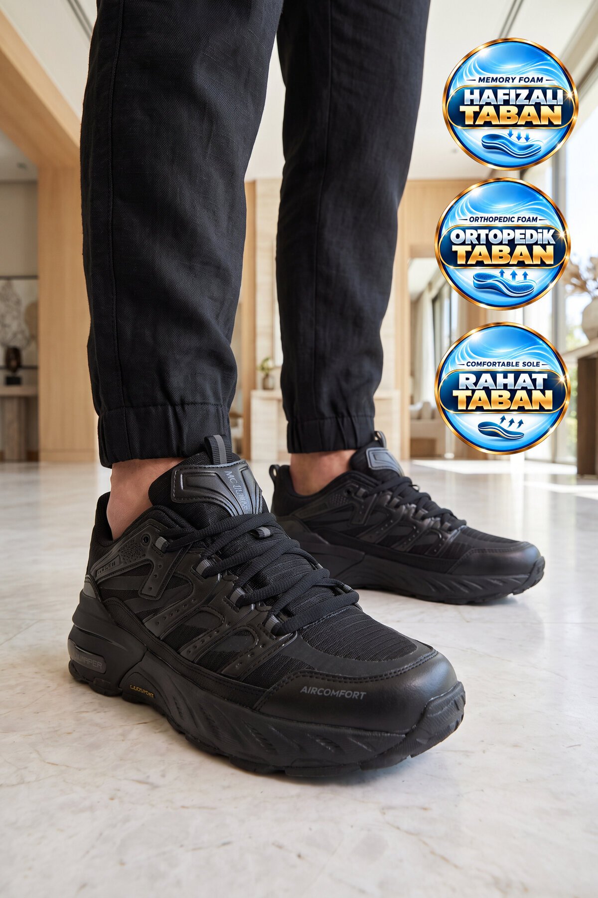 Rahat Ortopedik Taban Bağcıklı Siyah Erkek Yürüyüş ve Spor Ayakkabı Sneaker 2427