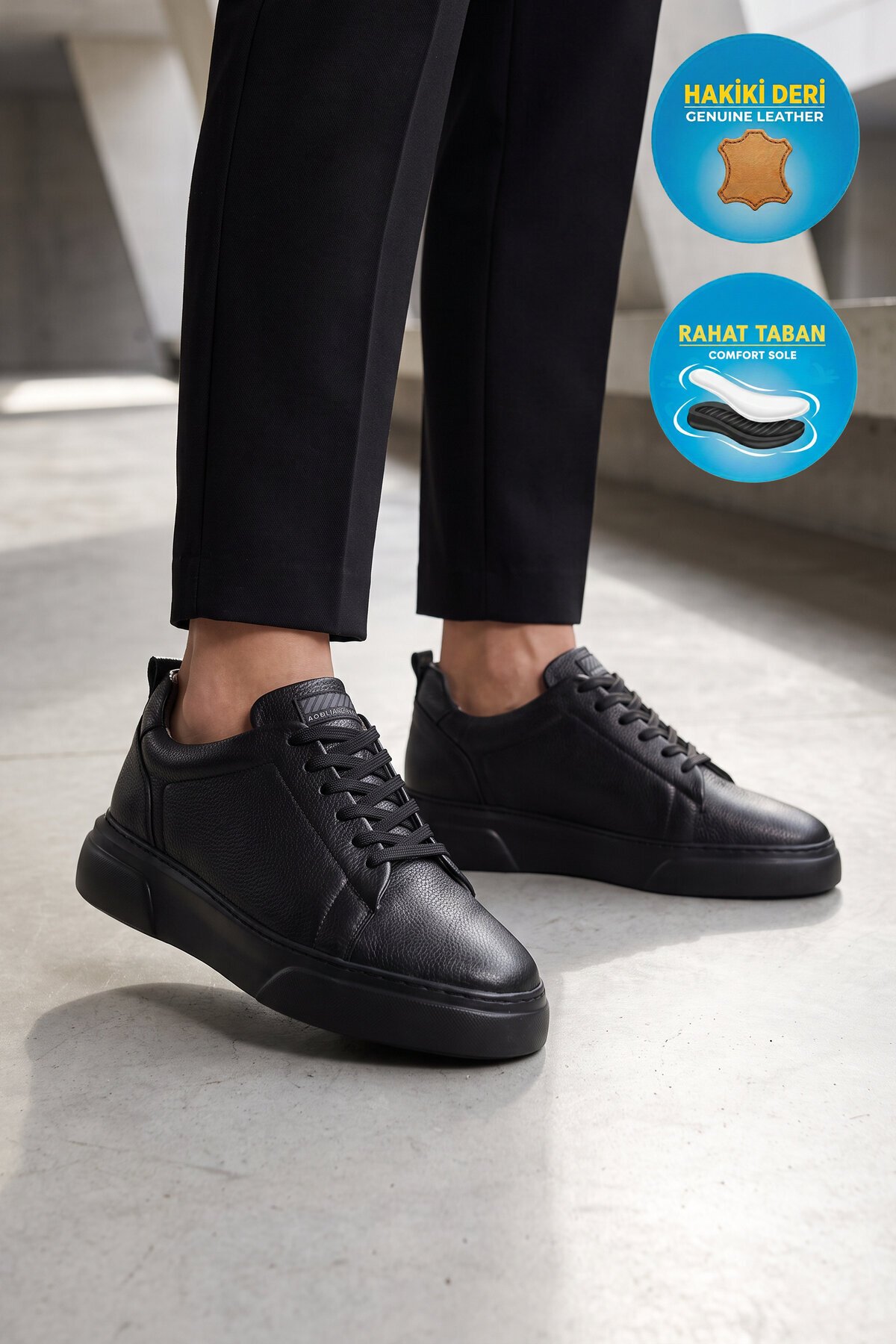 Erkek Bağcıklı Kalın Rahat Tabanlı Siyah Hakiki Deri Casual Sneaker Ayakkabı 272303