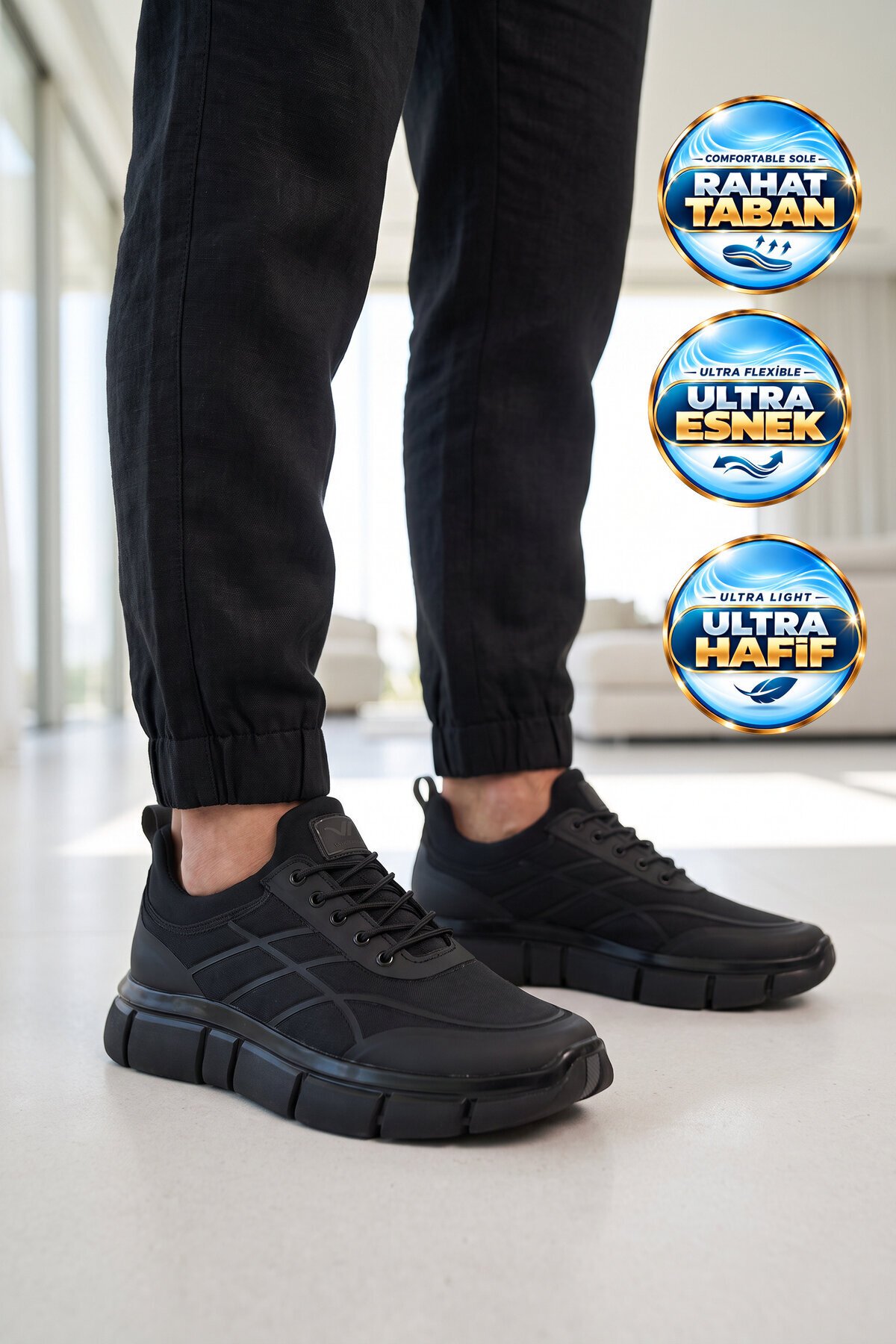 Erkek Lastik Bağcıklı Kalın Rahat Konfor Taban Siyah Yürüyüş ve Spor Ayakkabı Sneaker Stride