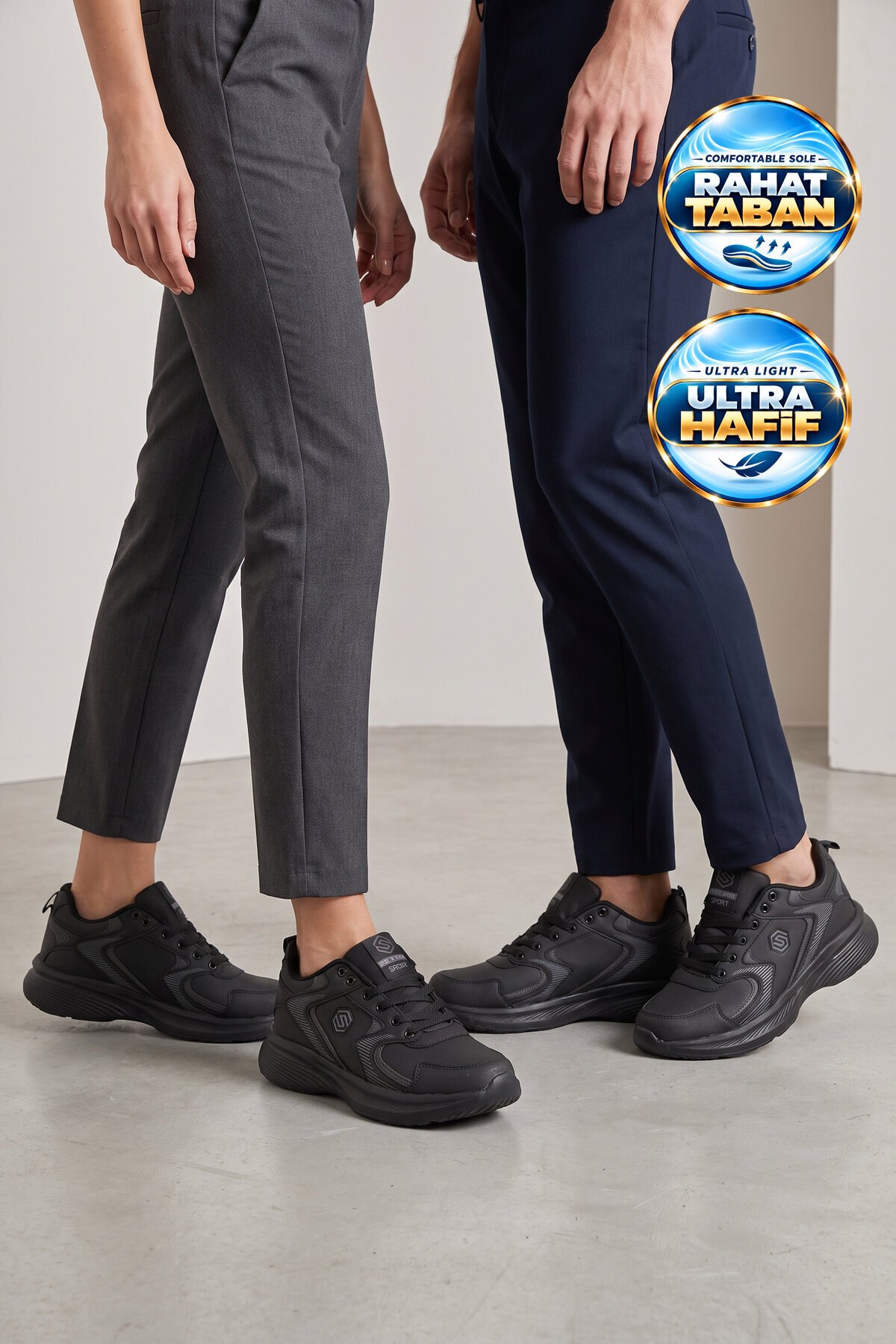 Bağcıklı Kalın Rahat Taban Hafif Esnek Siyah Unisex Yürüyüş ve Spor Ayakkabı Sneaker 2032