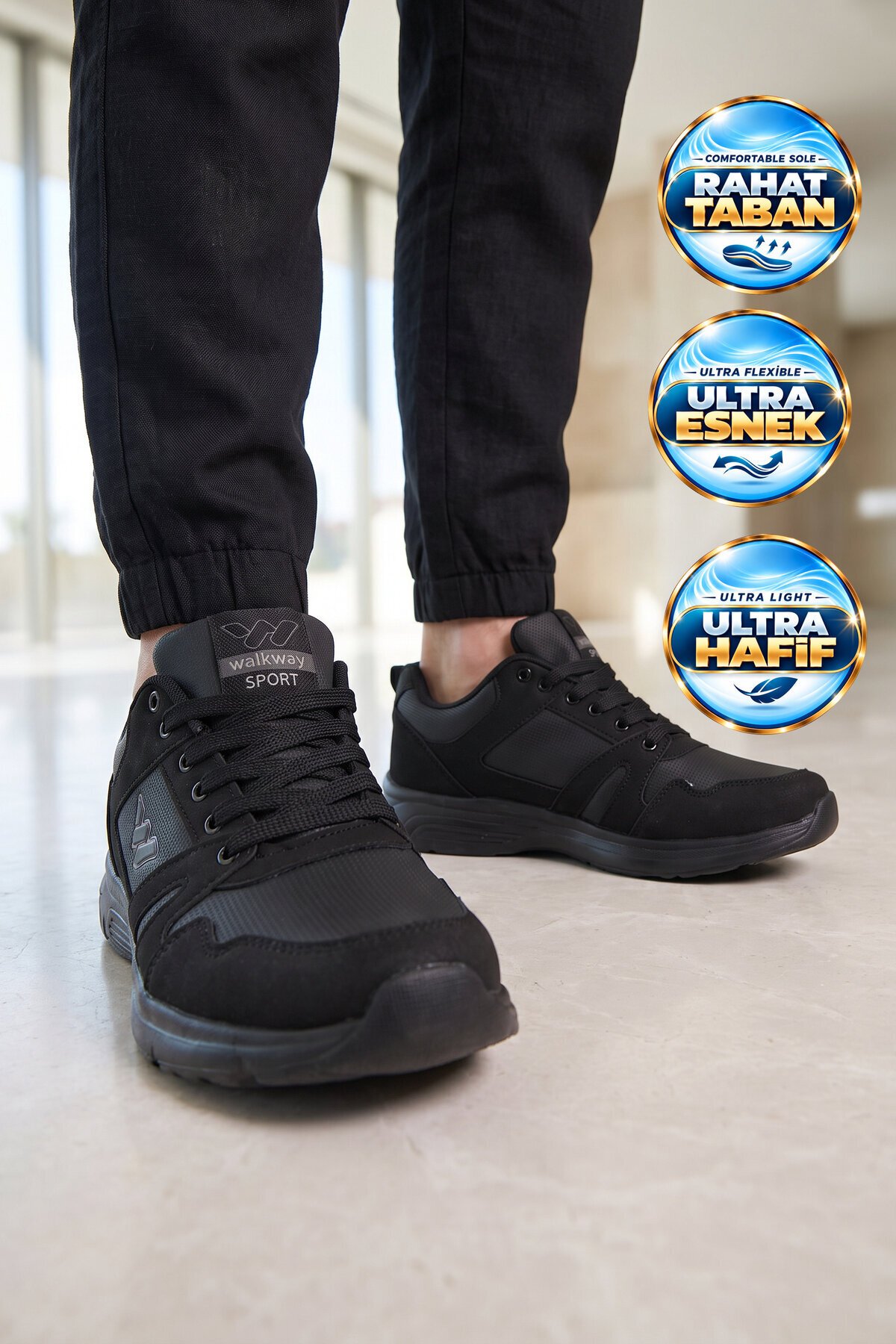 Bağcıklı Cilt Siyah Hafif Rahat Taban Esnek Unisex Yürüyüş ve Spor Ayakkabı Sneaker Core 020