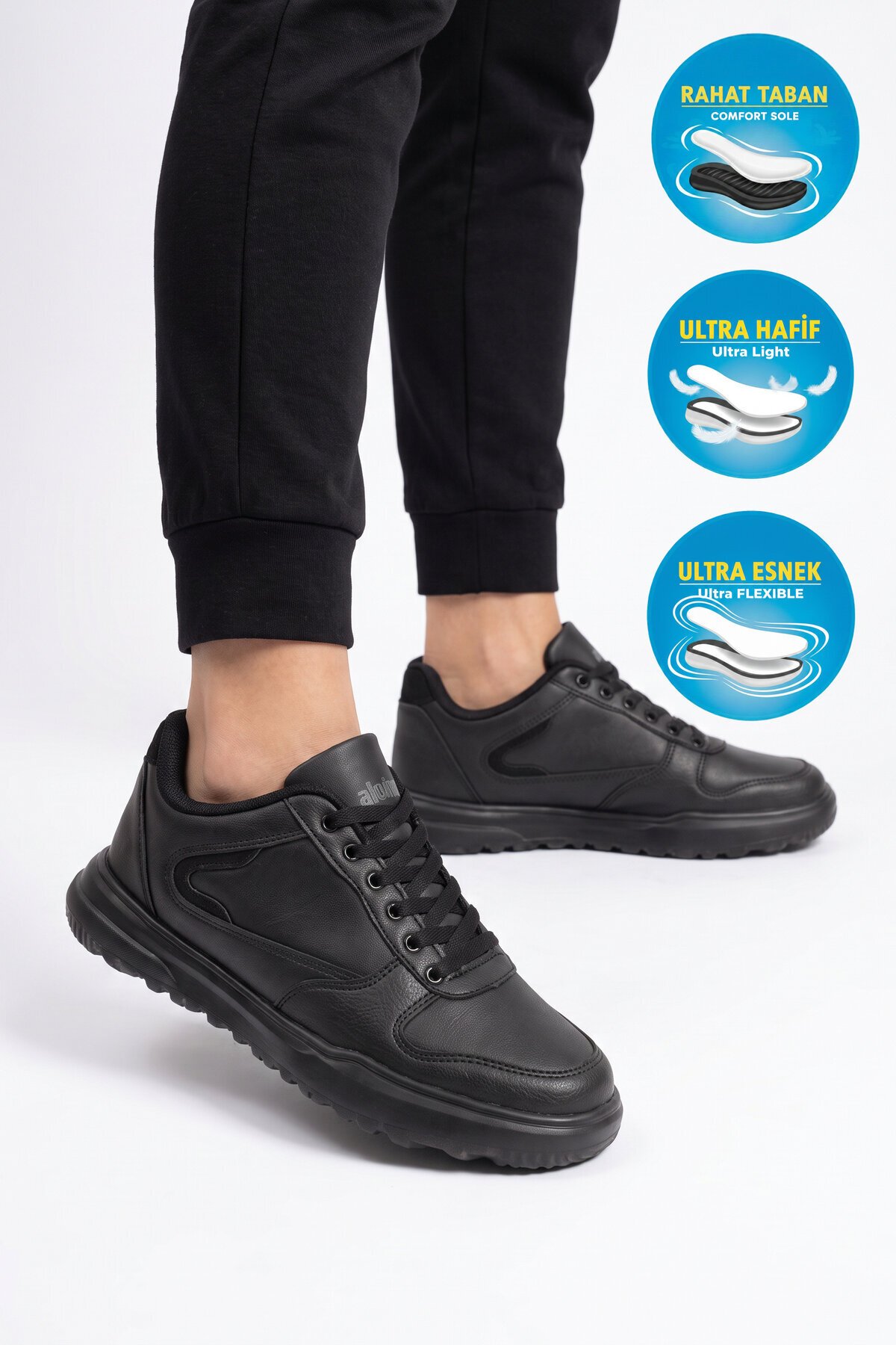 Erkek Bağcıklı Hafif Rahat Taban Siyah Casual Yürüyüş Ayakkabı Sneaker 2297 Cilt