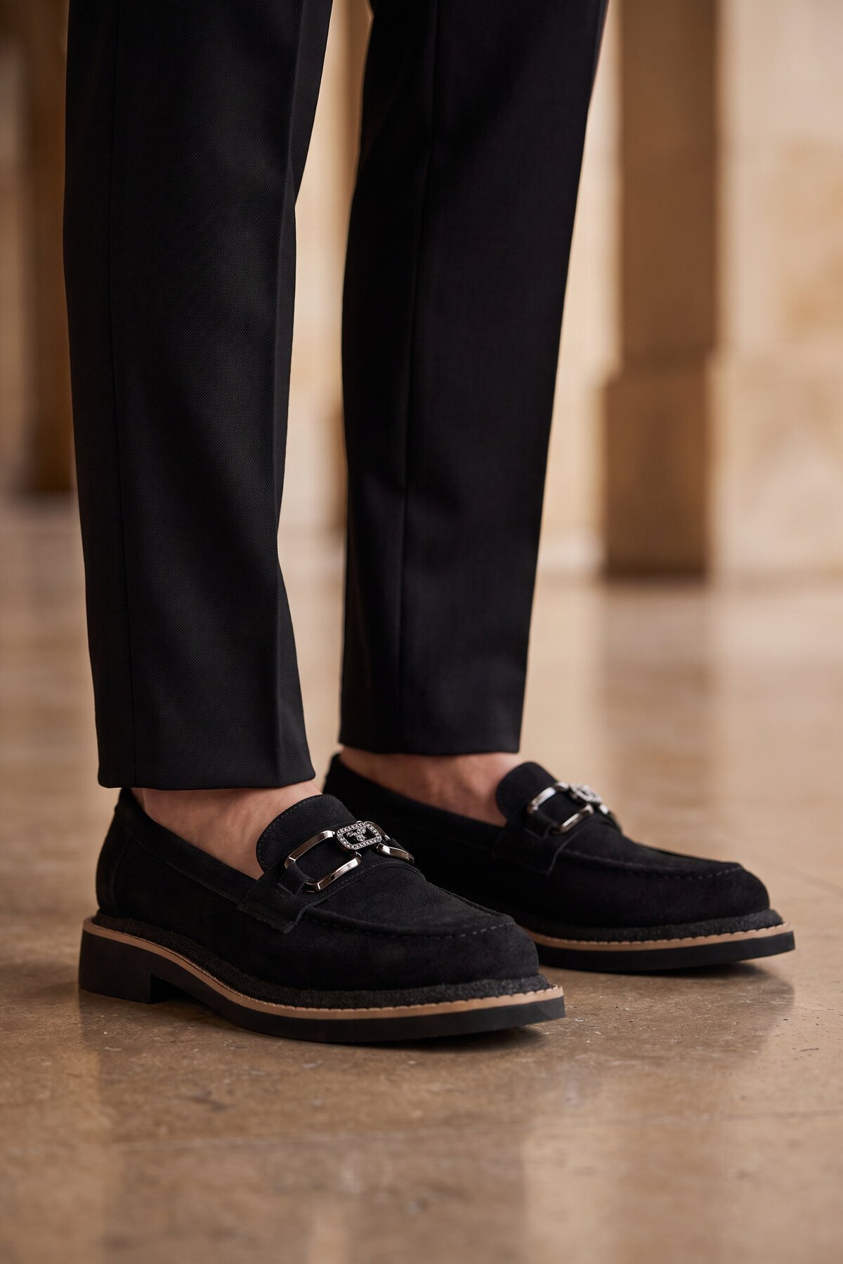 Kadın Siyah Süet Loafer Taş Detaylı Şık Rahat Taban Özel Gün ve Gece Casual Ayakkabı 457320