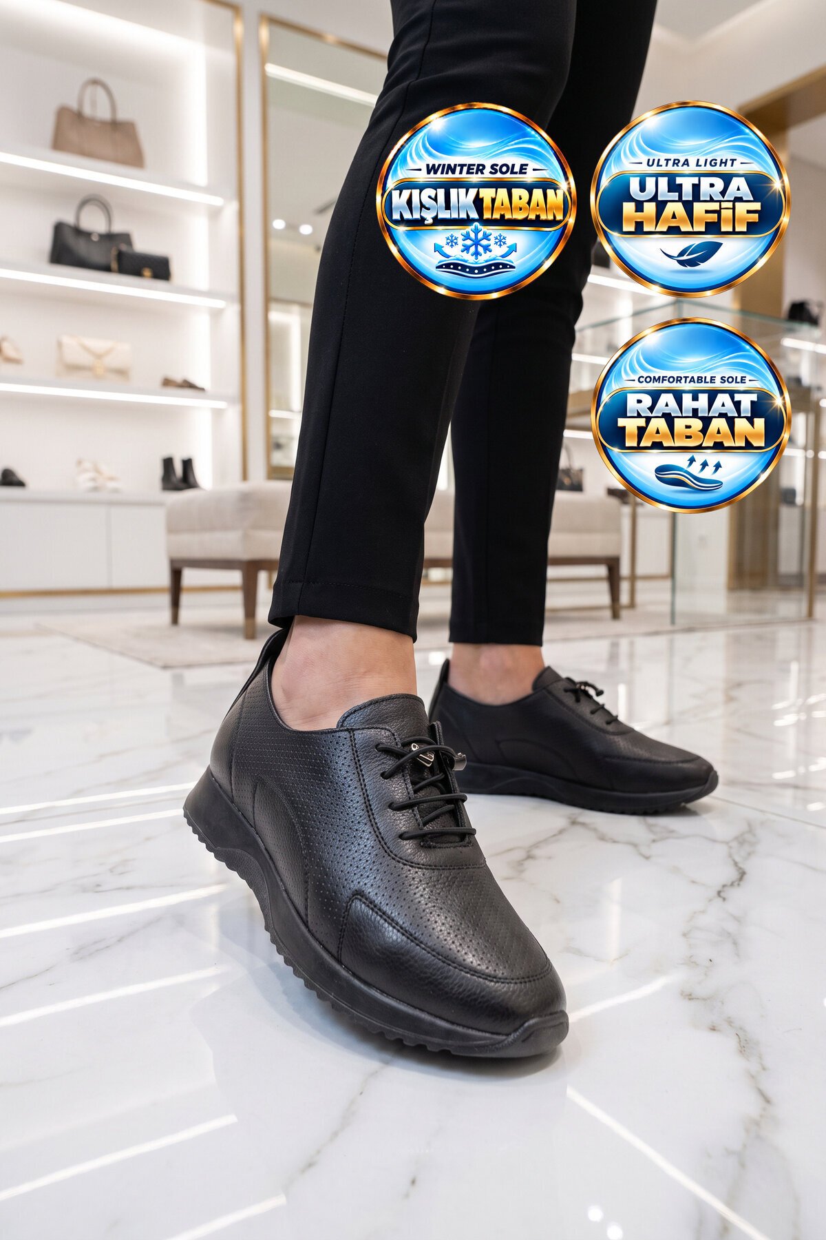 Siyah Lastik Bağcıklı Kalın Rahat Tabanlı Kadın Casual Ayakkabı 068
