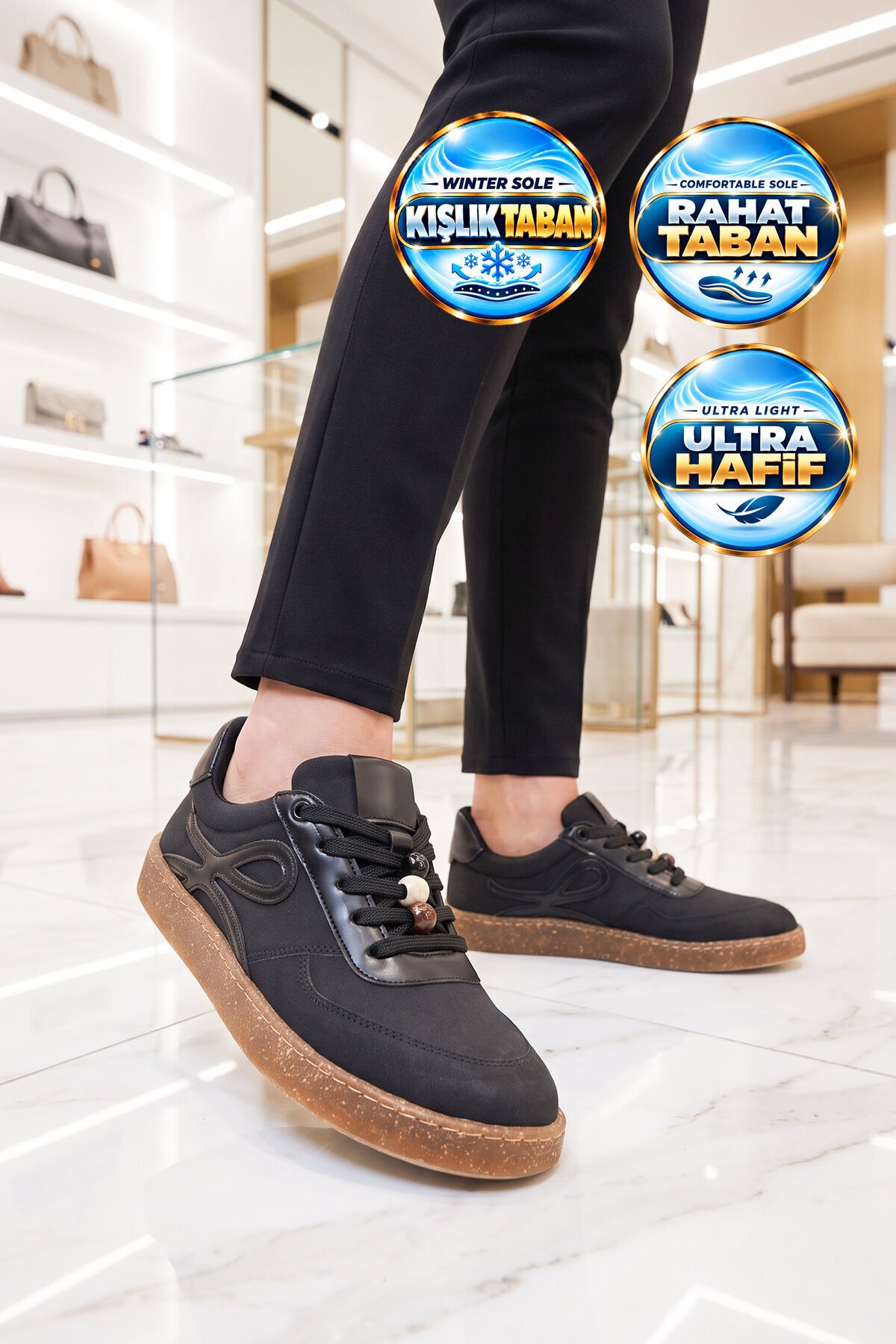 Aksesuar Bağcıklı Kalın Taban Sneaker Siyah Şık Rahat Casual Yürüyüş Ayakkabı 669253