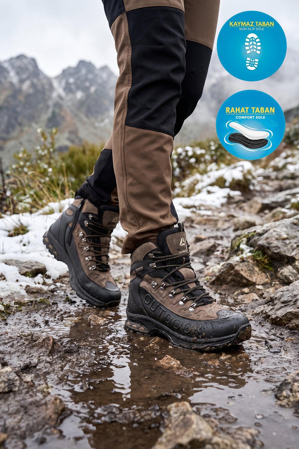 Erkek Bağcıklı Kaymaz Tabanlı Siyah-Vizon Outdoor Trekking Bot 2115
