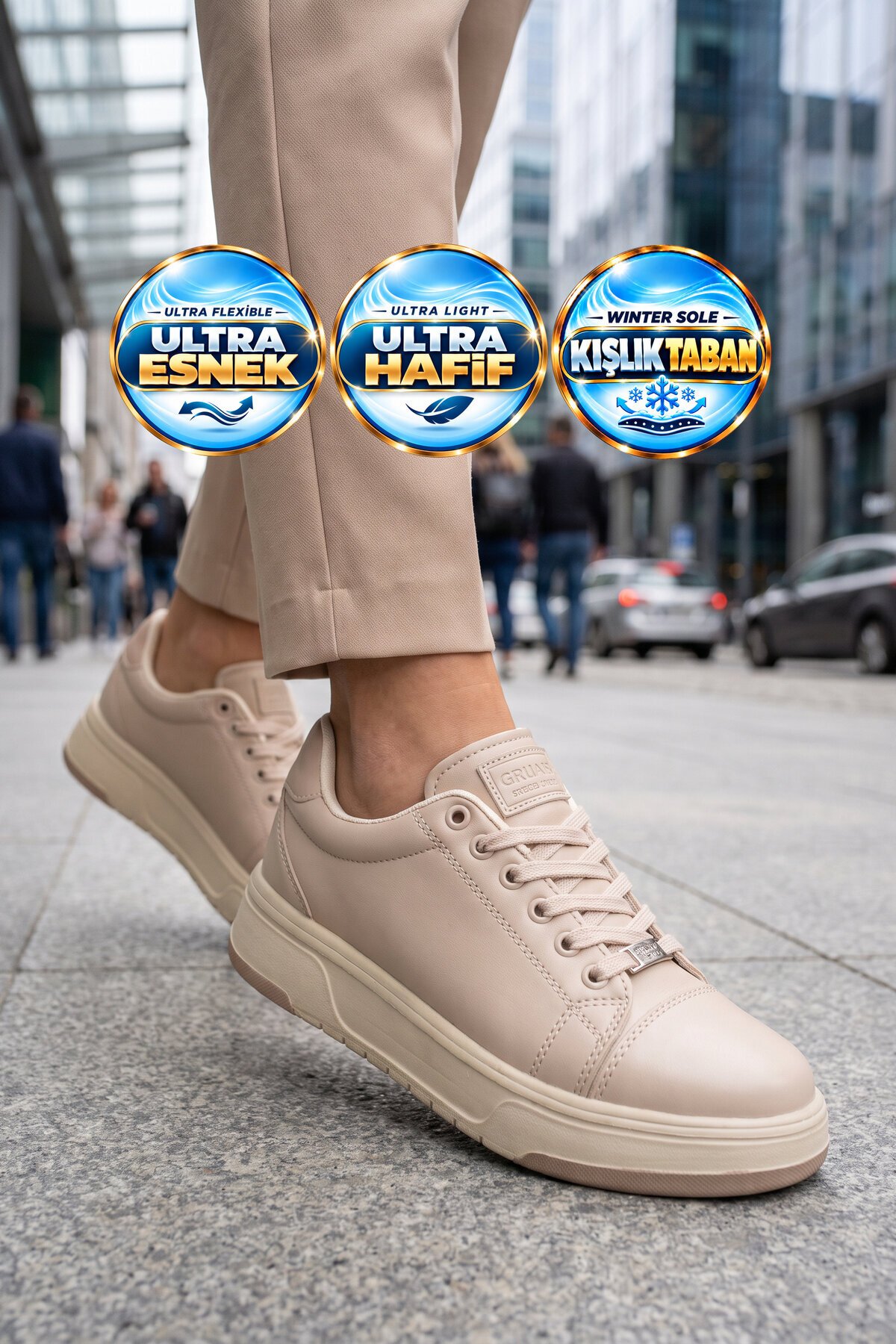 Bej Kadın Casual Ayakkabı Bağcıklı Kalın Rahat Tabanlı Şık Sneaker Code 419