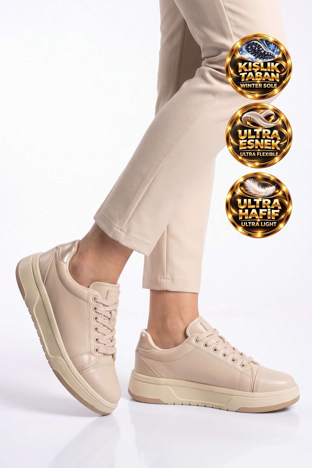 Bej Kadın Casual Ayakkabı Bağcıklı Kalın Rahat Tabanlı Şık Sneaker Code 419