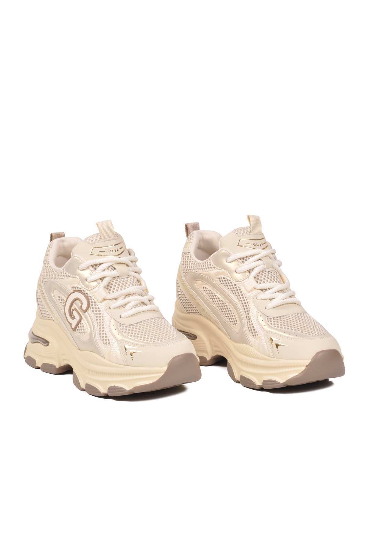 Bej Bağcıklı Sneaker Kadın Kalın Rahat Tabanlı Şık Casual Yürüyüş Ayakkabı 26Y323