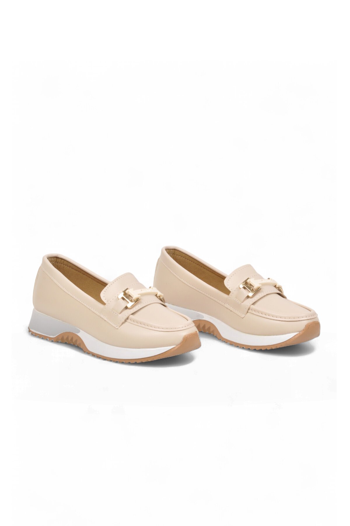 Toka Detaylı Kalın Tabanlı Şık Rahat Bej Kadın Casual Ayakkabı Loafer 067 26K