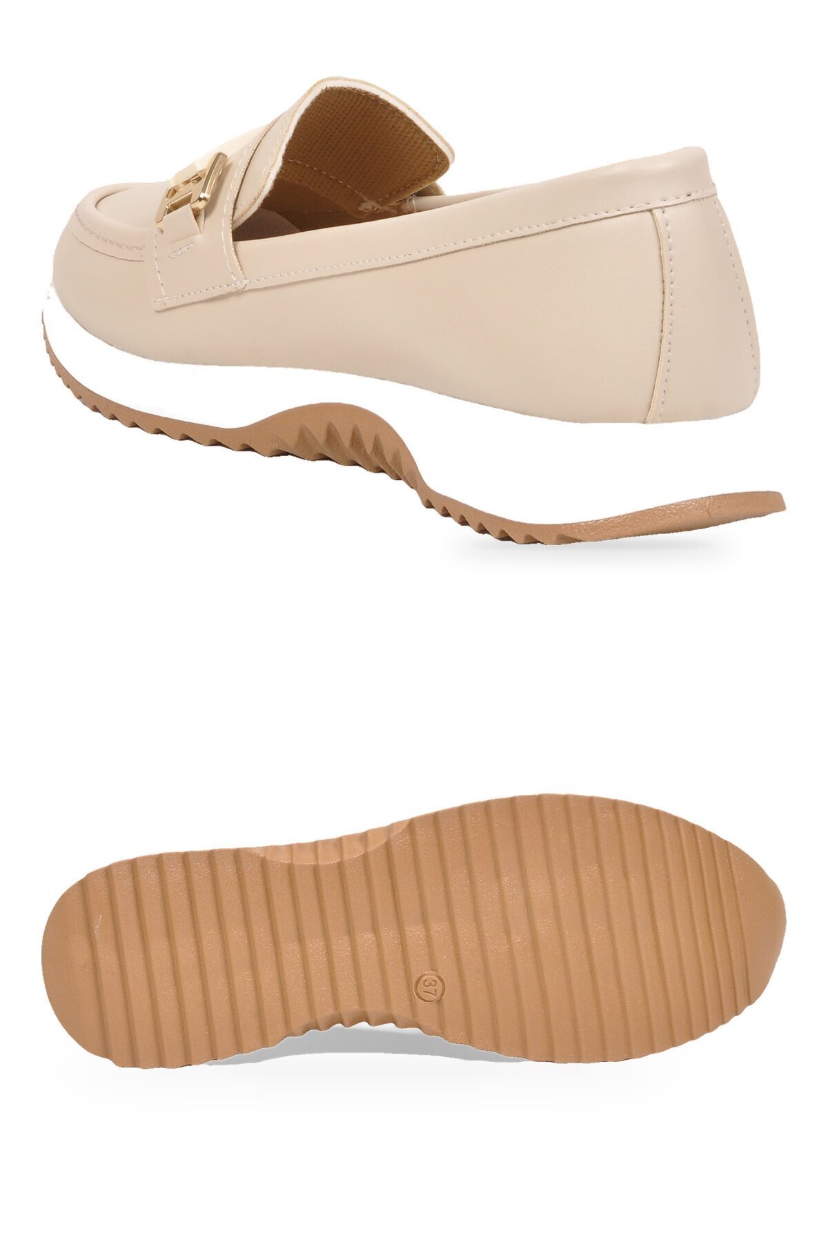 Toka Detaylı Kalın Tabanlı Şık Rahat Bej Kadın Casual Ayakkabı Loafer 067 26K