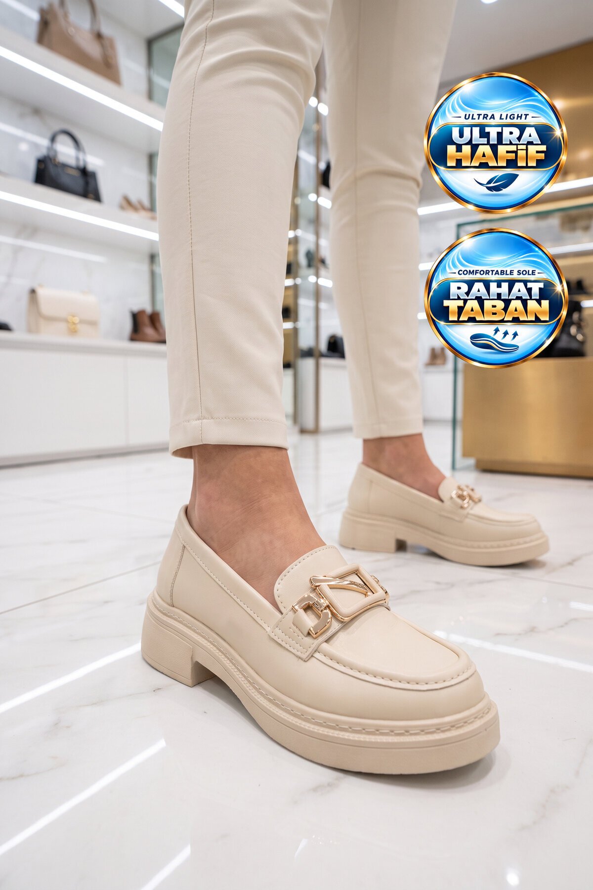 Toka Detaylı Kalın Tabanlı Şık Rahat Bej Kadın Casual Ayakkabı Loafer 1837