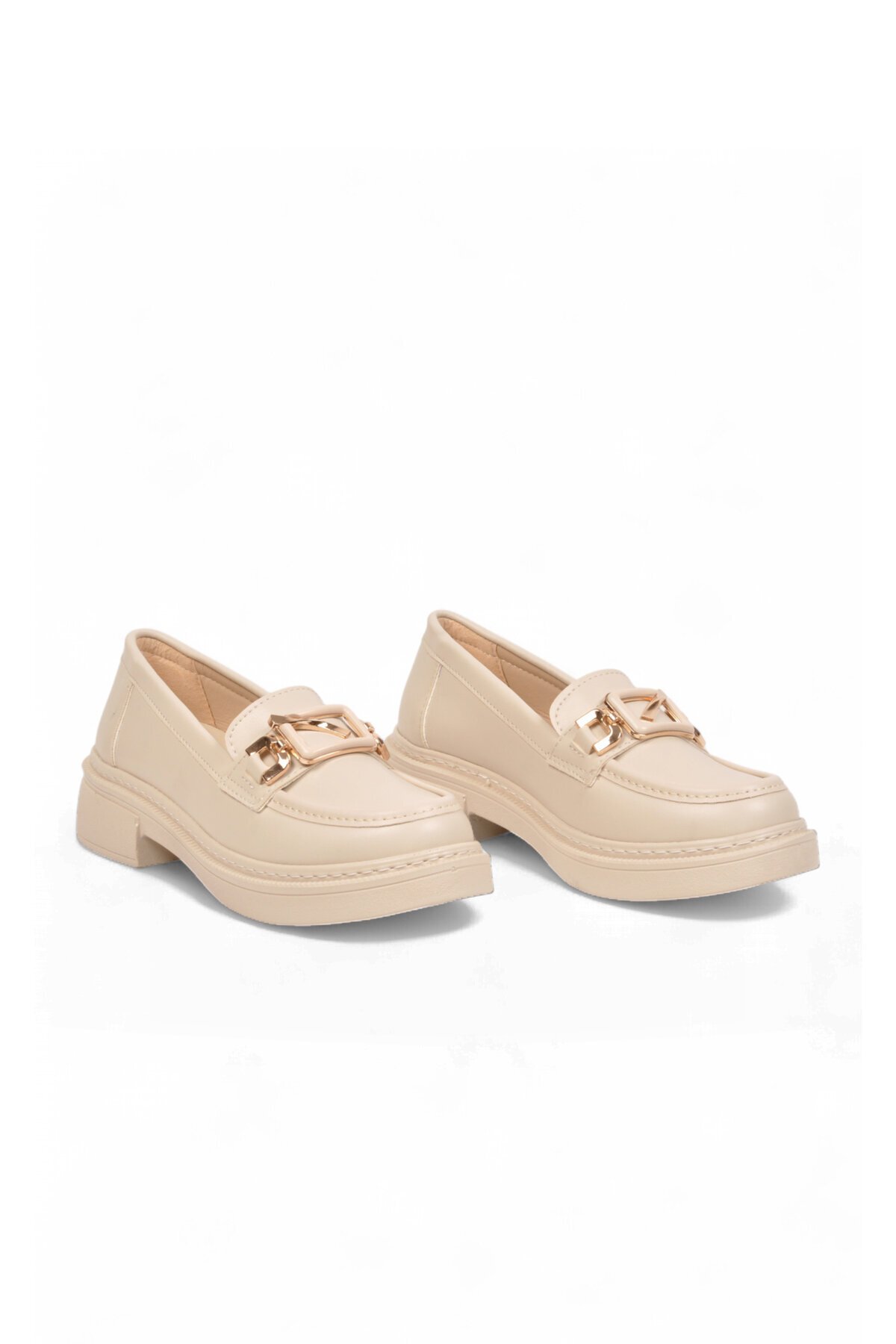 Toka Detaylı Kalın Tabanlı Şık Rahat Bej Kadın Casual Ayakkabı Loafer 1837