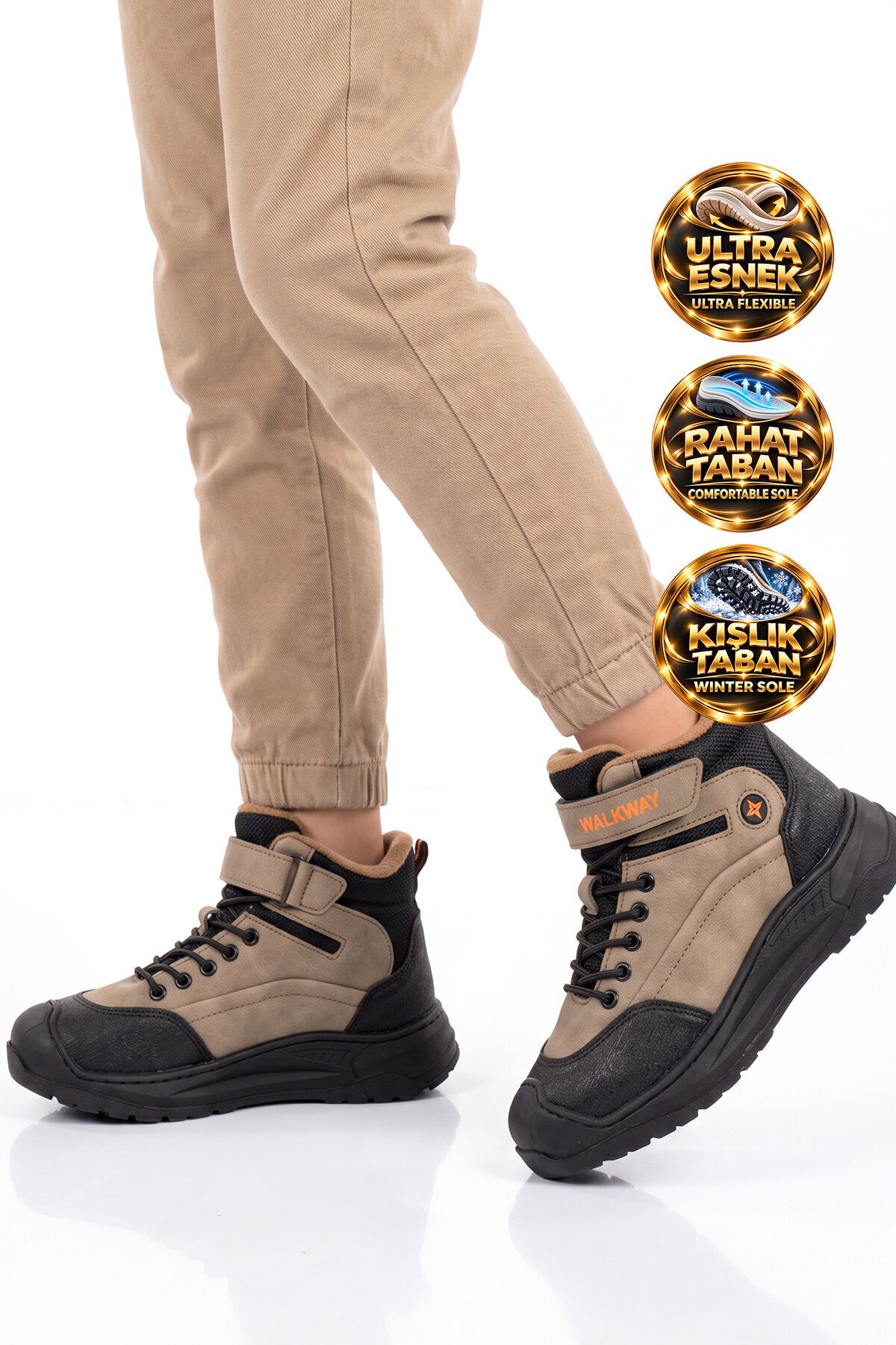 Erkek Çocuk Bej-Turuncu Comfort Tabanlı Lastik Bağcıklı Sneaker Bot Surge 2037