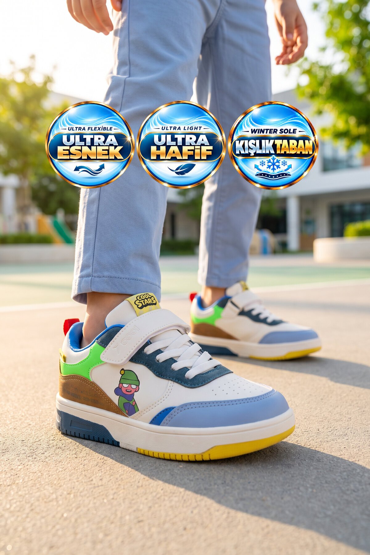 Beyaz-Kahve Erkek Çocuk Yürüyüş ve Spor Ayakkabı Cırt Bantlı Kalın Rahat Taban Sneaker Star 26K