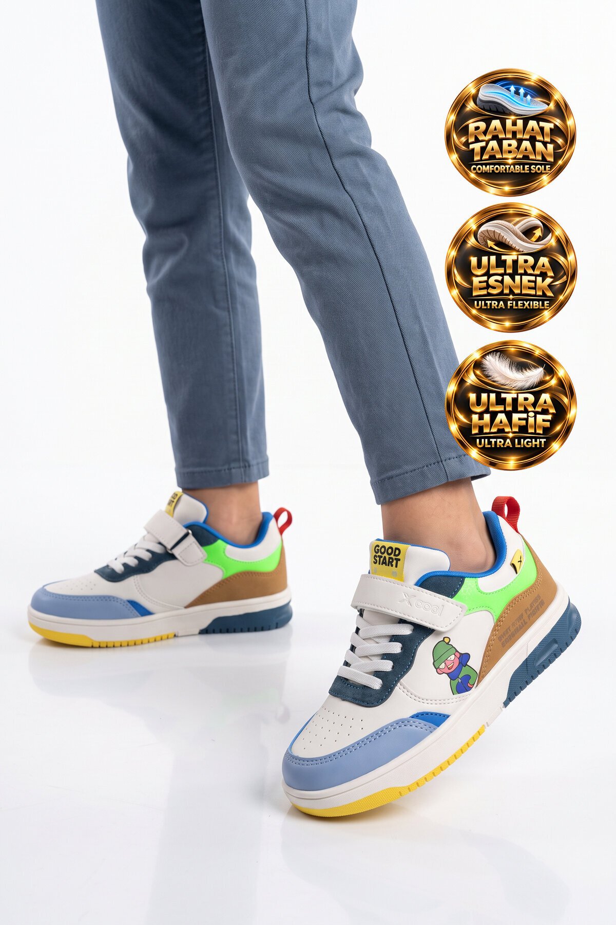 Beyaz-Kahve Erkek Çocuk Yürüyüş ve Spor Ayakkabı Cırt Bantlı Kalın Rahat Taban Sneaker Star 26K