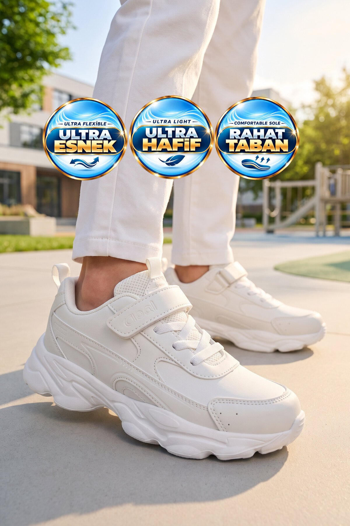 Beyaz Unisex Çocuk Yürüyüş ve Spor Ayakkabı Cırtt Bantlı Kalın Taban Sneaker Kornos