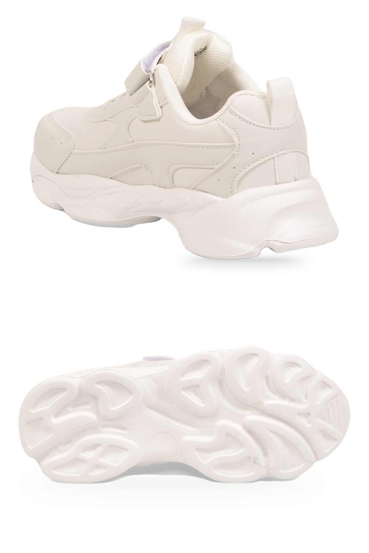 Beyaz Unisex Çocuk Yürüyüş ve Spor Ayakkabı Cırtt Bantlı Kalın Taban Sneaker Kornos