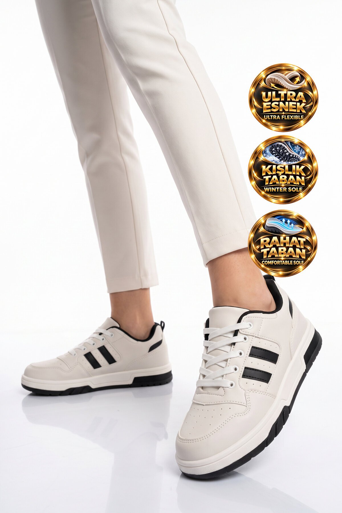Unisex Beyaz-Siyah Bağcıklı Sneaker Kalın Tabanlı Yürüyüş ve Spor Ayakkabı Foor