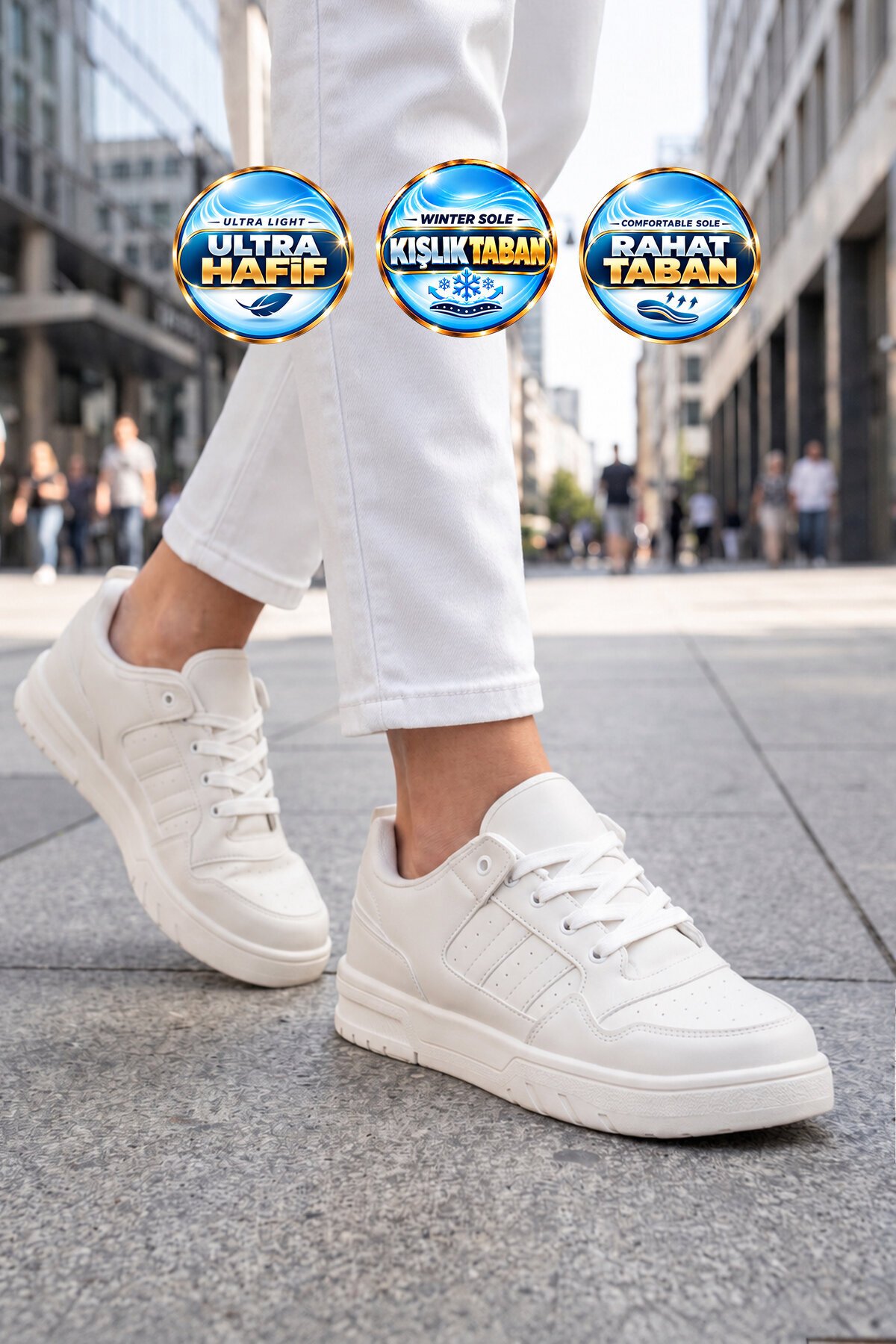 Unisex Beyaz Bağcıklı Sneaker Kalın Tabanlı Yürüyüş ve Spor Ayakkabı Foor