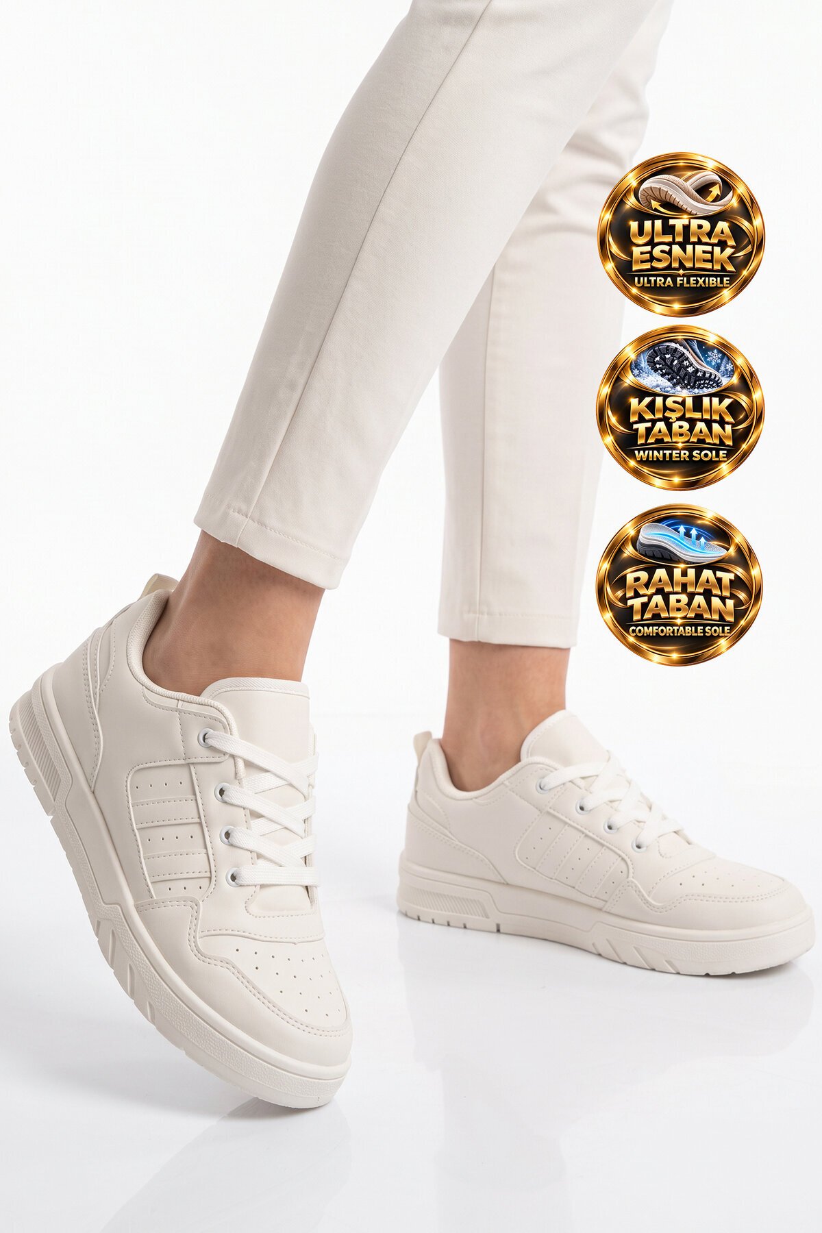 Unisex Beyaz Bağcıklı Sneaker Kalın Tabanlı Yürüyüş ve Spor Ayakkabı Foor