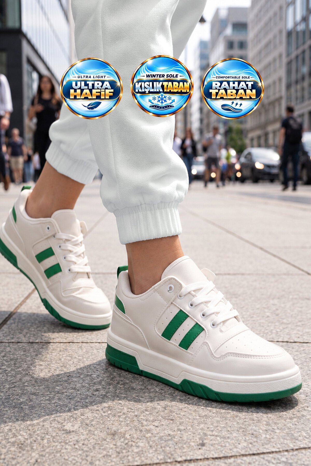 Unisex Beyaz-Yeşil Bağcıklı Sneaker Kalın Tabanlı Yürüyüş ve Spor Ayakkabı Foor