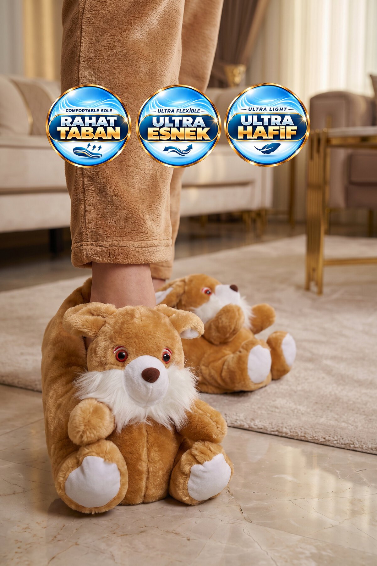 Tavşan Desenli Camel Unisex Ev Terliği Sıcak Tutan Ev Pandufu H025.Z.0000