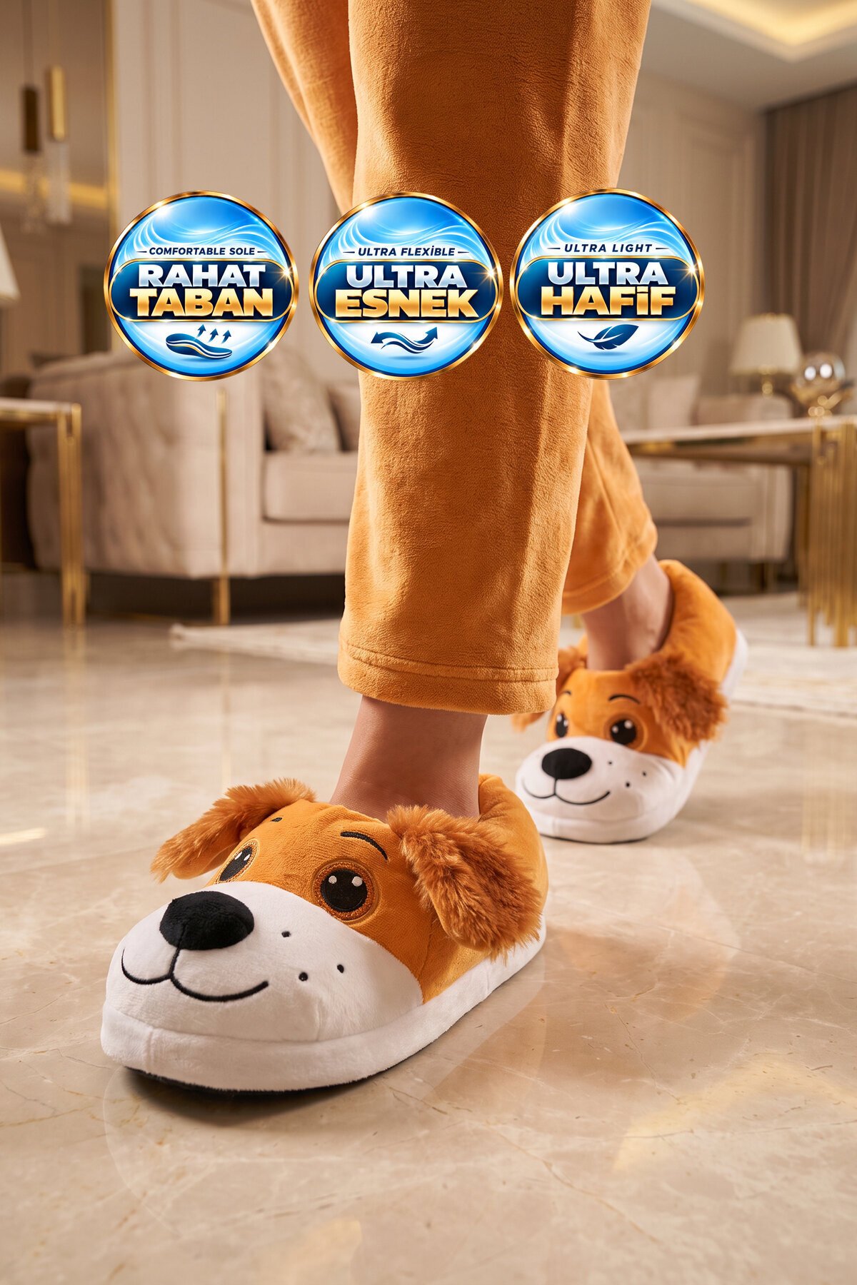 Köpek Desenli Camel Unisex Ev Terliği Sıcak Tutan Ev Pandufu H025.Z.0008