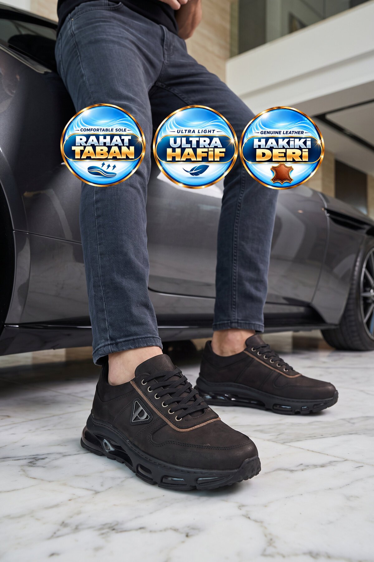 Erkek Bağcıklı Rahat Tabanlı Siyah Hakiki Deri Casual Sneaker Ayakkabı 166