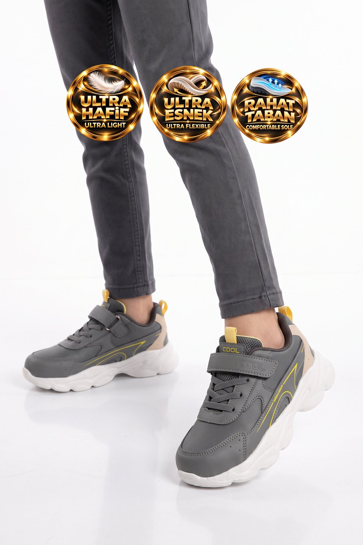 Gri Unisex Çocuk Yürüyüş ve Spor Ayakkabı Cırtt Bantlı Kalın Taban Sneaker Kornos