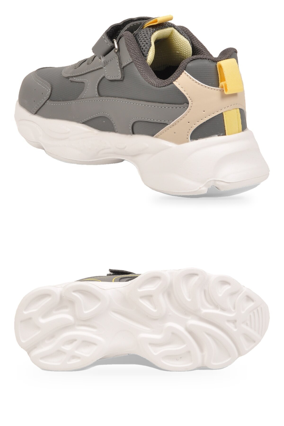 Gri Unisex Çocuk Yürüyüş ve Spor Ayakkabı Cırtt Bantlı Kalın Taban Sneaker Kornos