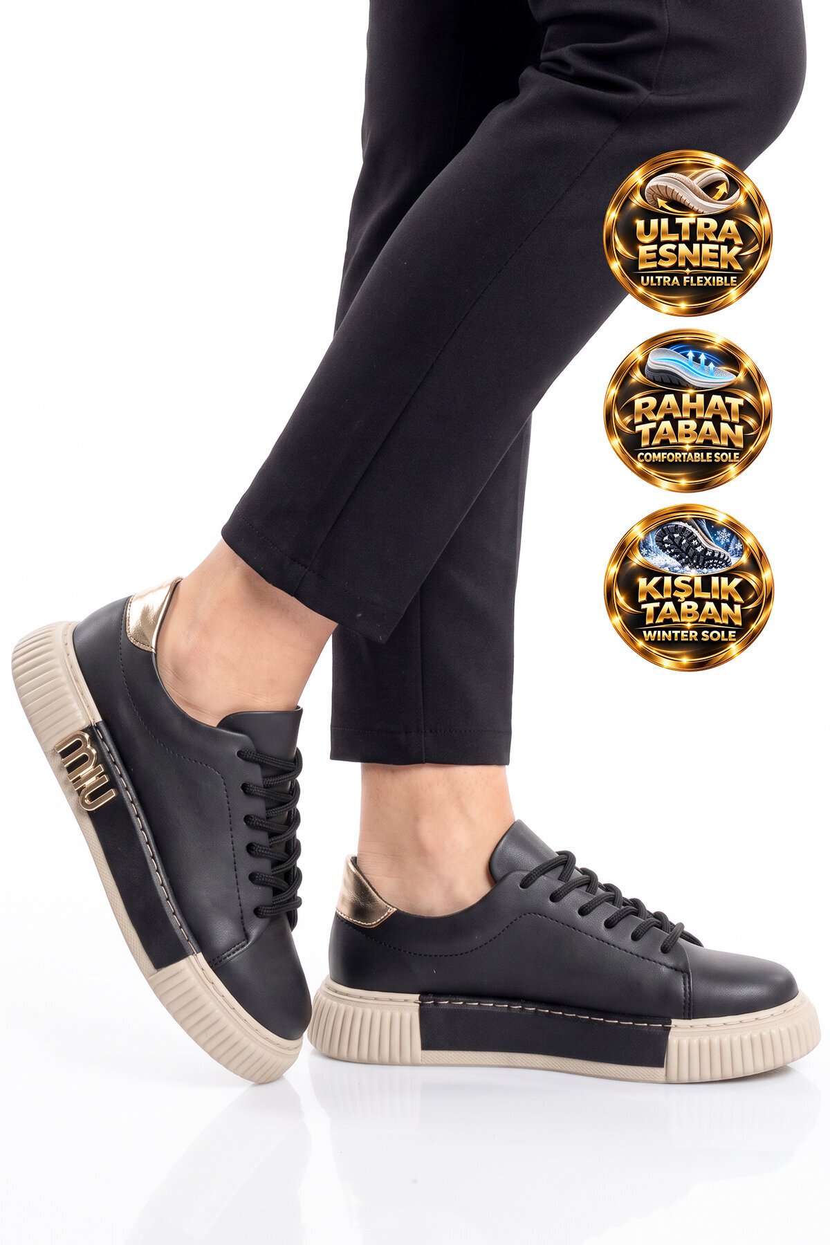Kadın Siyah Bağcıklı Kalın Tabanlı Şık Rahat Sneaker Günlük Casual Yürüyüş Ayakkabı 261261