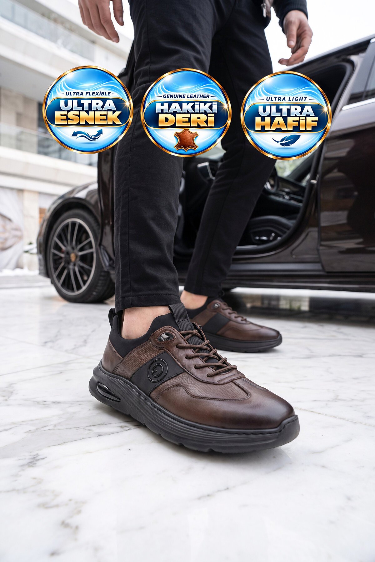 Kahve Hakiki Deri Erkek Casual Ayakkabı Şık Rahat Tabanlı Bağcıklı Sneaker 26K540-3