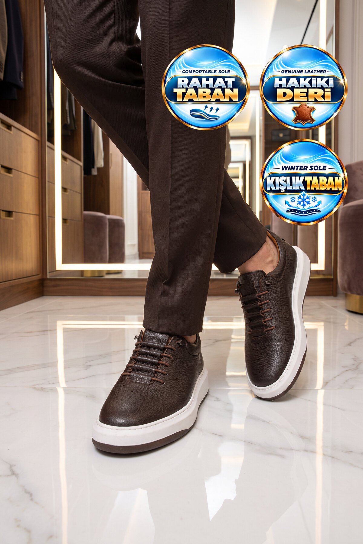 Kahve Hakiki Deri Erkek Sneaker Lastik Bağcıklı Kalın Rahat Taban Casual Ayakkabı 272304